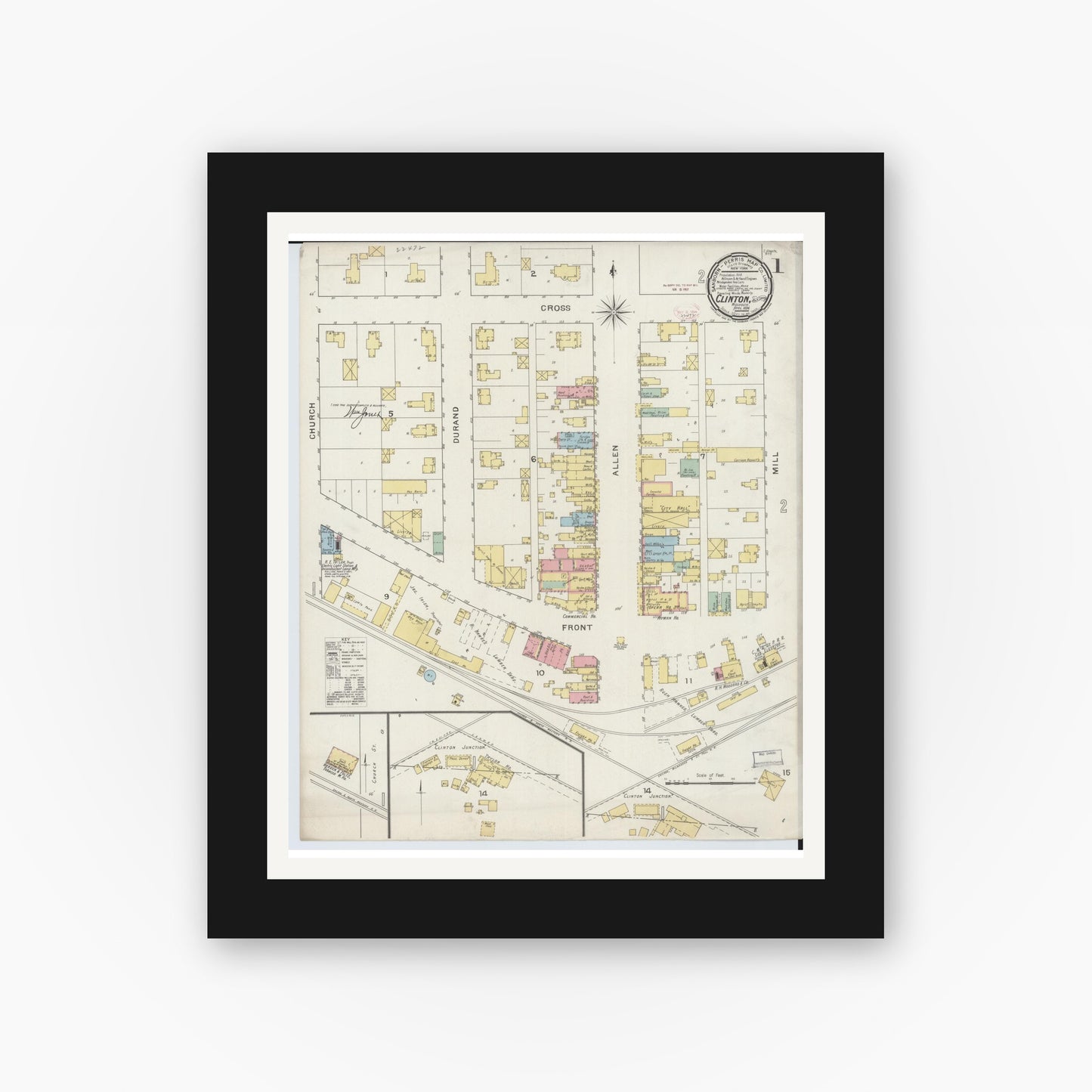Old map wall art mockup — black gallery frame with white mat — Sanborn Fire Insurance Map from Clinton, Rock County, Wisconsin (1894), Sheet #0001