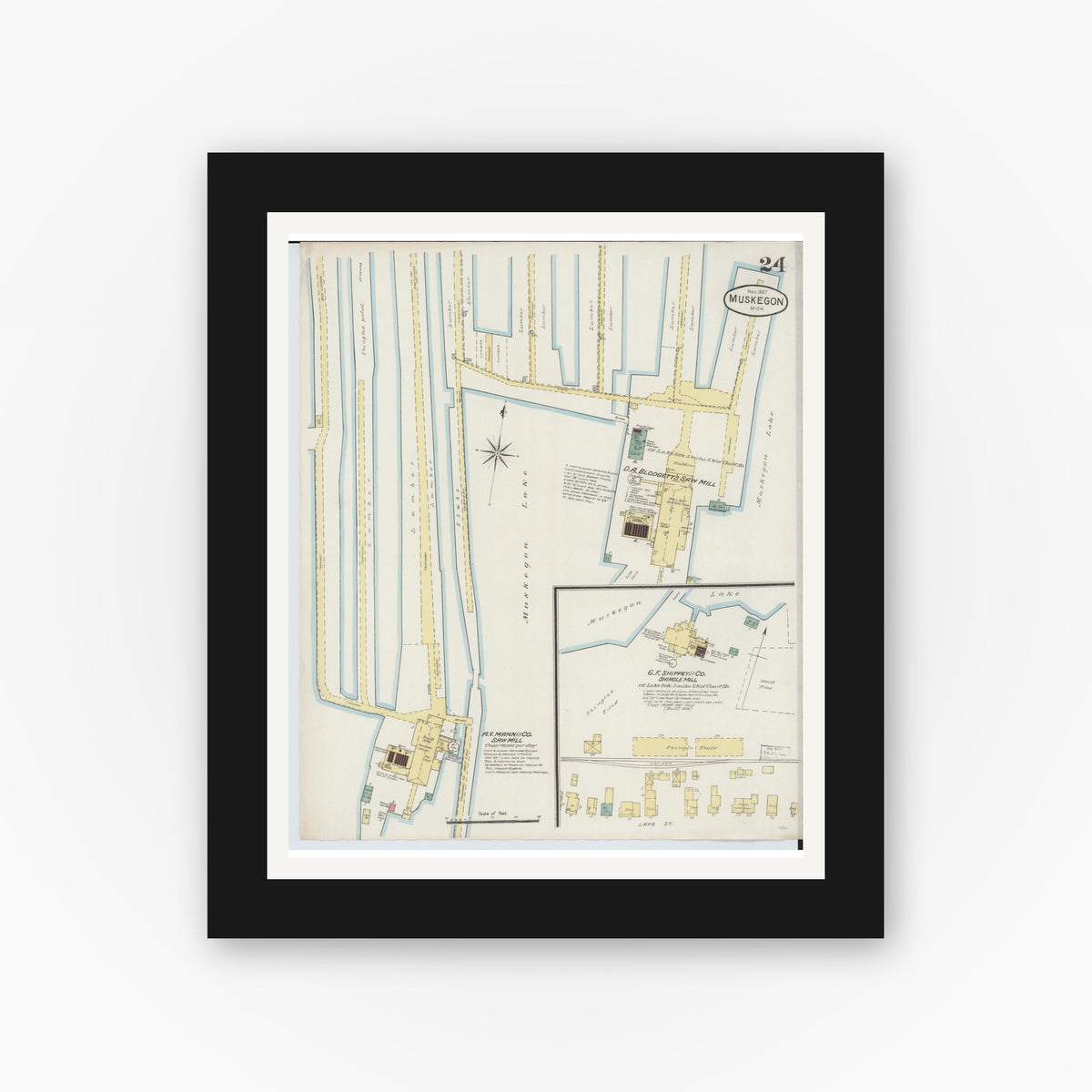 Old map wall art mockup β black gallery frame with white mat β Sanborn Fire Insurance Map from Muskegon, Muskegon County, Michigan (1887), Sheet #0024