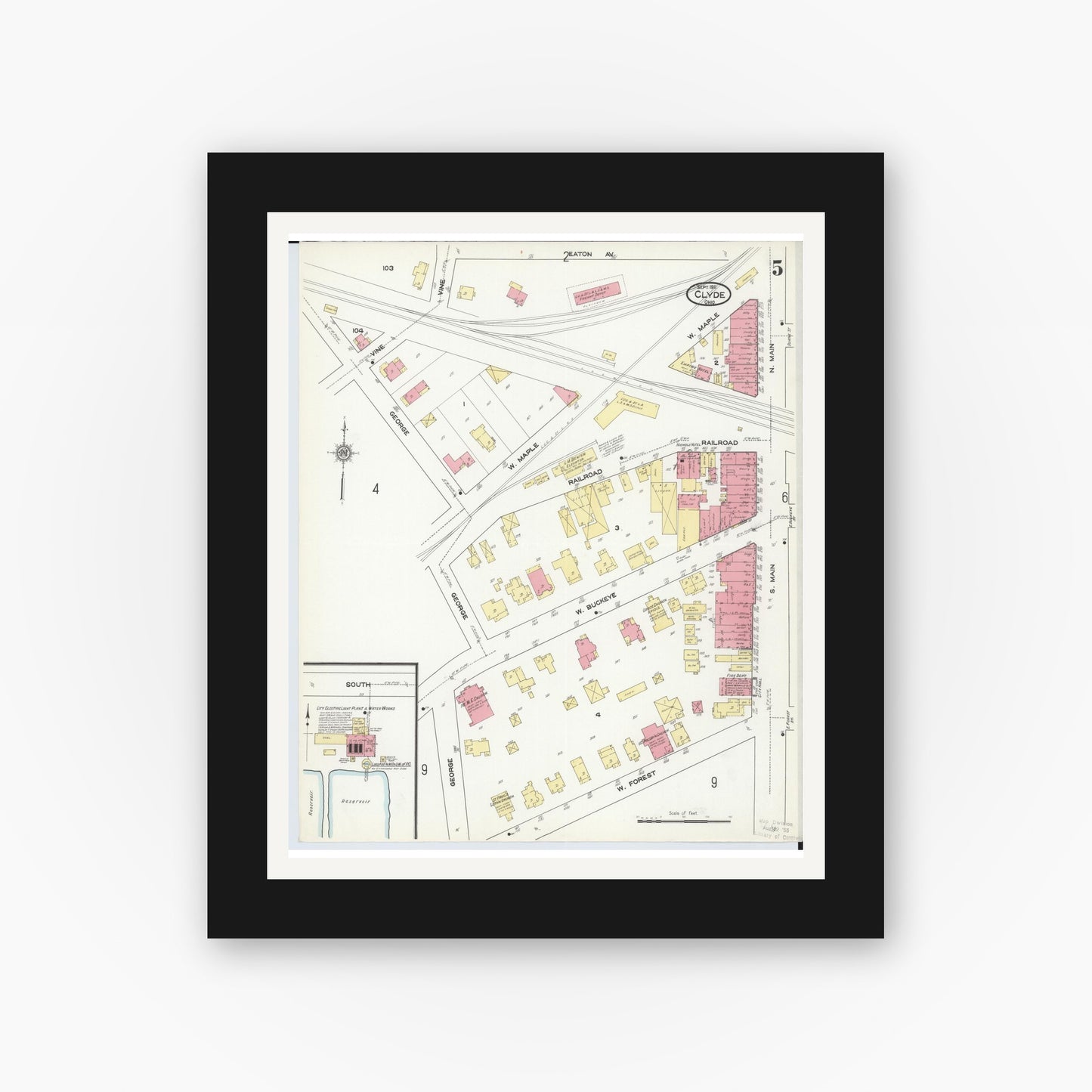 Old map wall art mockup — black gallery frame with white mat — Sanborn Fire Insurance Map from Clyde, Sandusky County, Ohio (1911), Sheet #0005