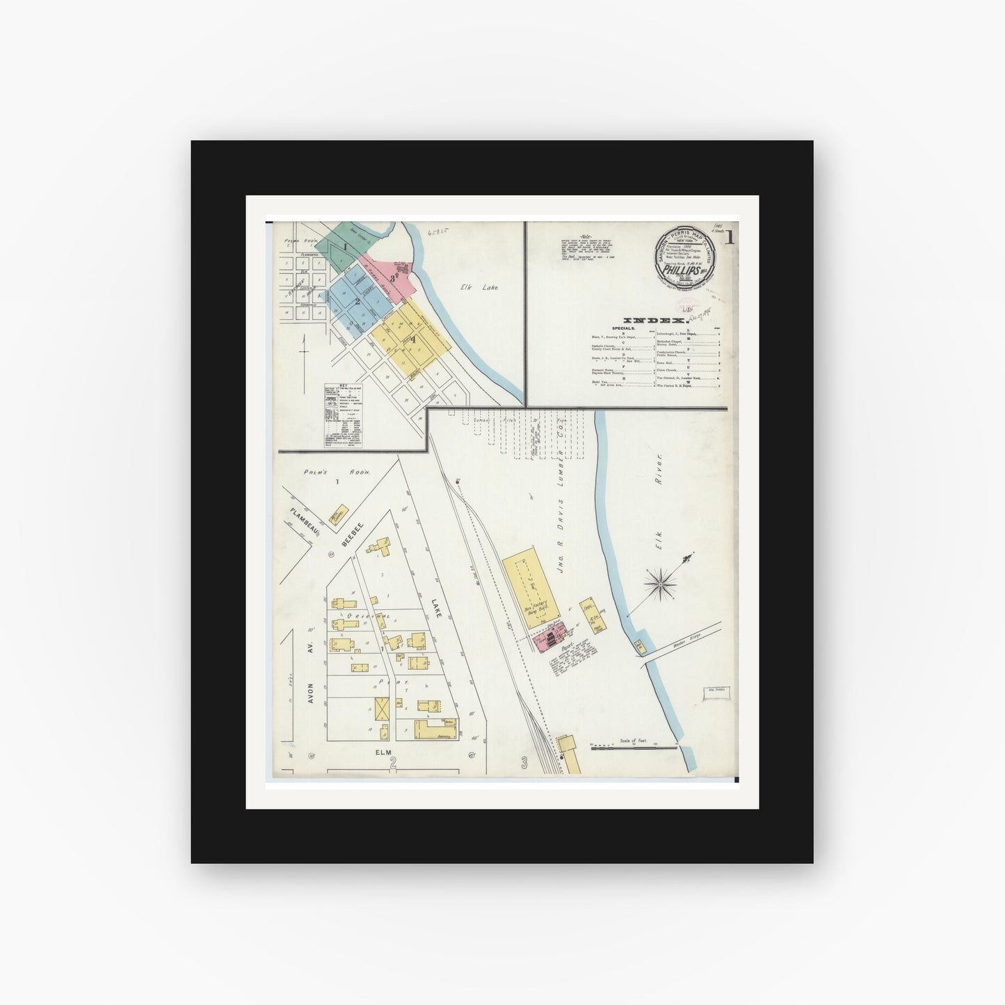 Old map wall art mockup — black gallery frame with white mat — Sanborn Fire Insurance Map from Phillips, Price County, Wisconsin (1895) - Complete Map Set