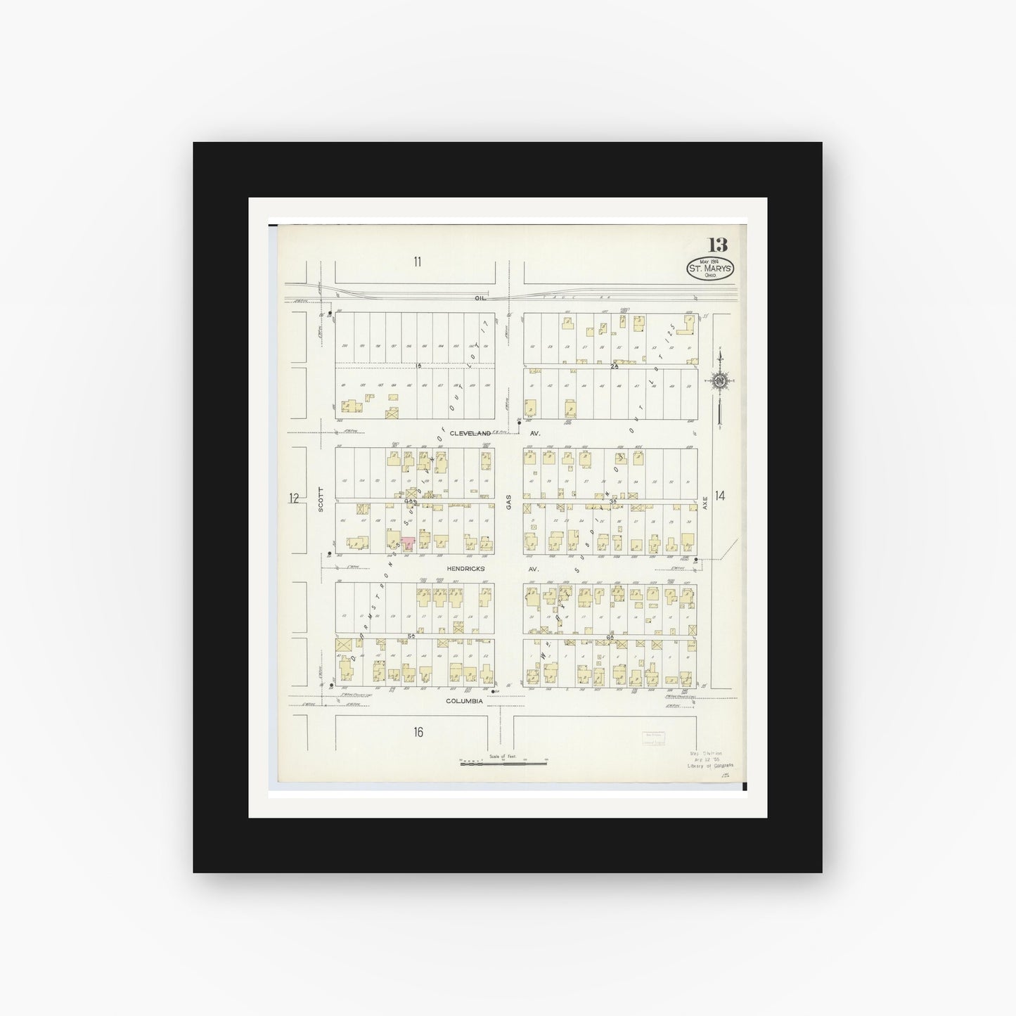 Old map wall art mockup — black gallery frame with white mat — Sanborn Fire Insurance Map from Saint Marys, Auglaize County, Ohio (1914), Sheet #0013