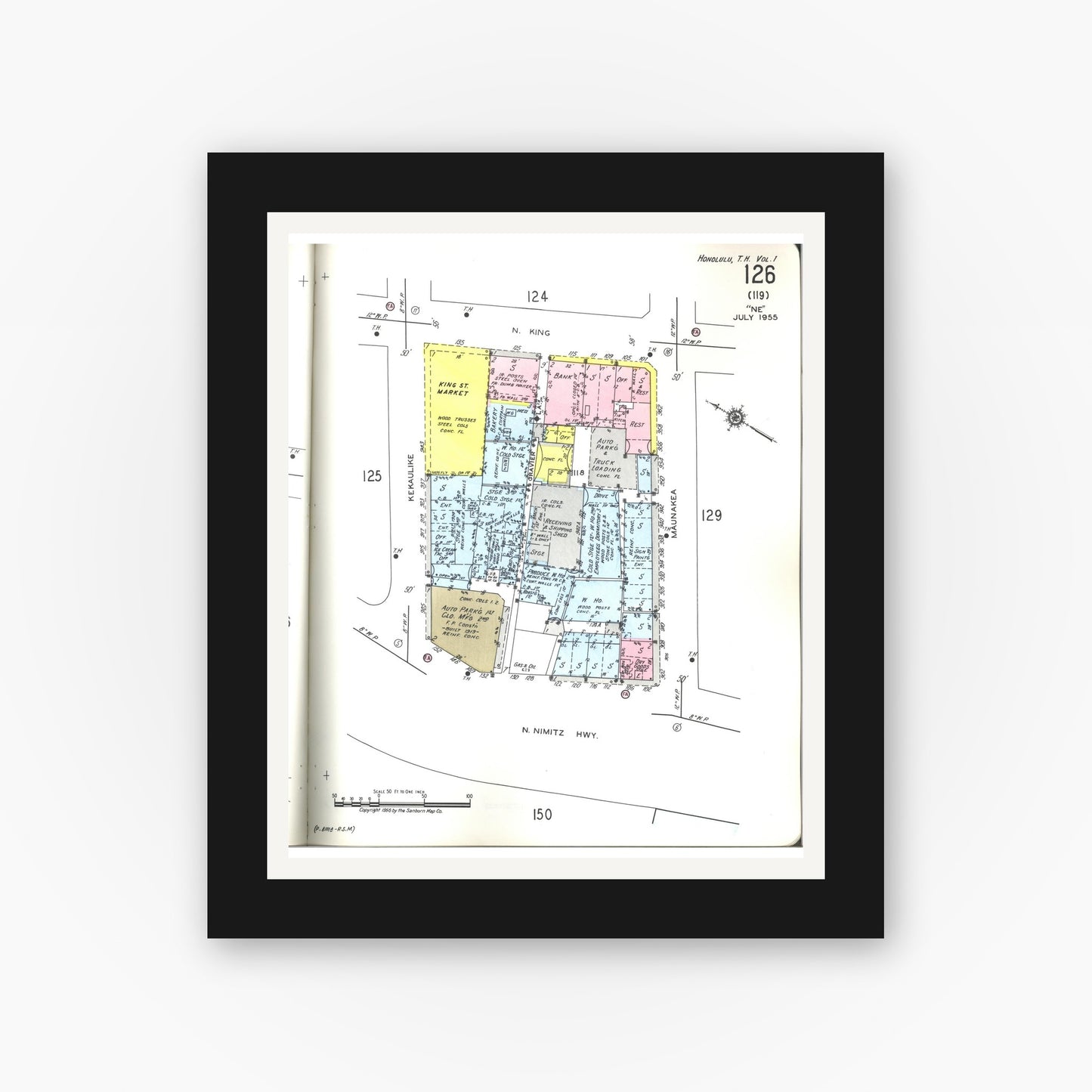 Old map wall art mockup — black gallery frame with white mat — Sanborn Fire Insurance Map from Honolulu, Oahu County, Hawaii (1955), Sheet #0126