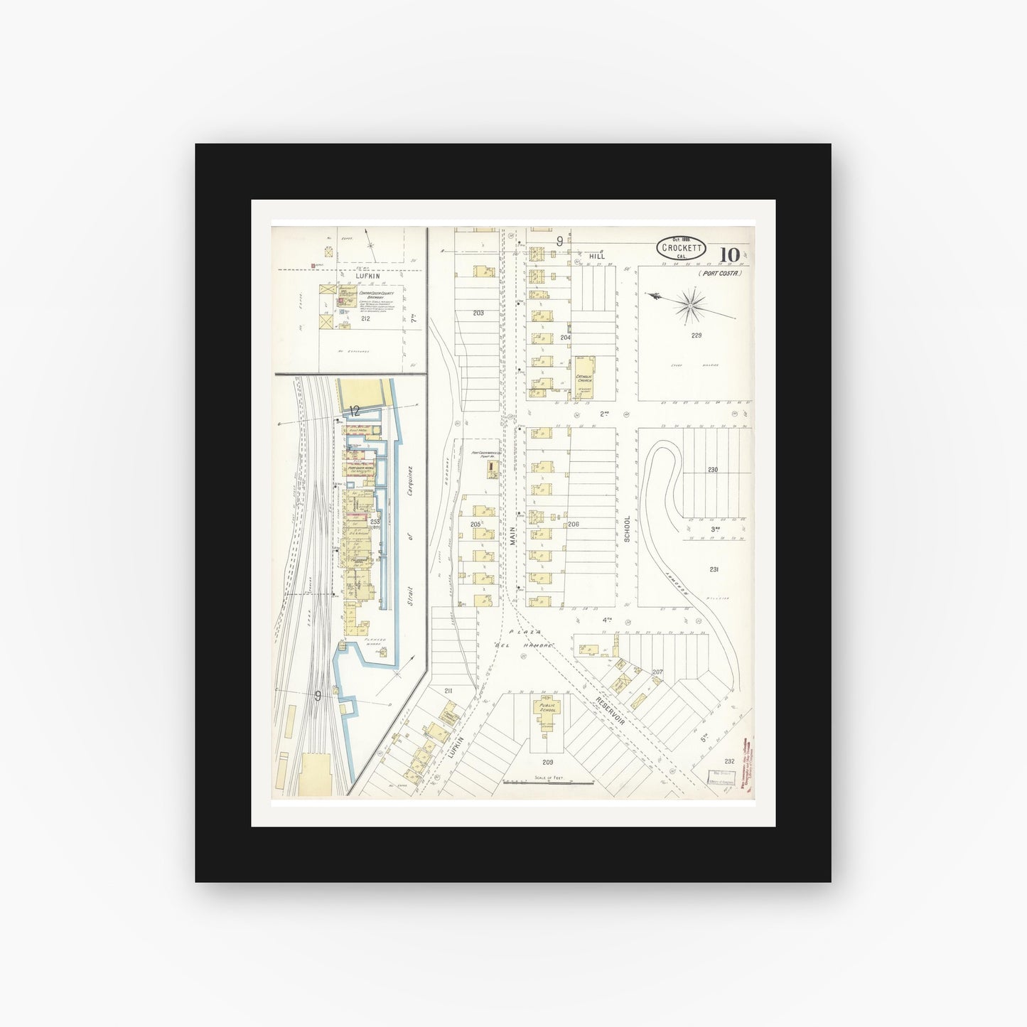 Old map wall art mockup — black gallery frame with white mat — Sanborn Fire Insurance Map from Crockett, Contra Costa County, California (1899), Sheet #0010
