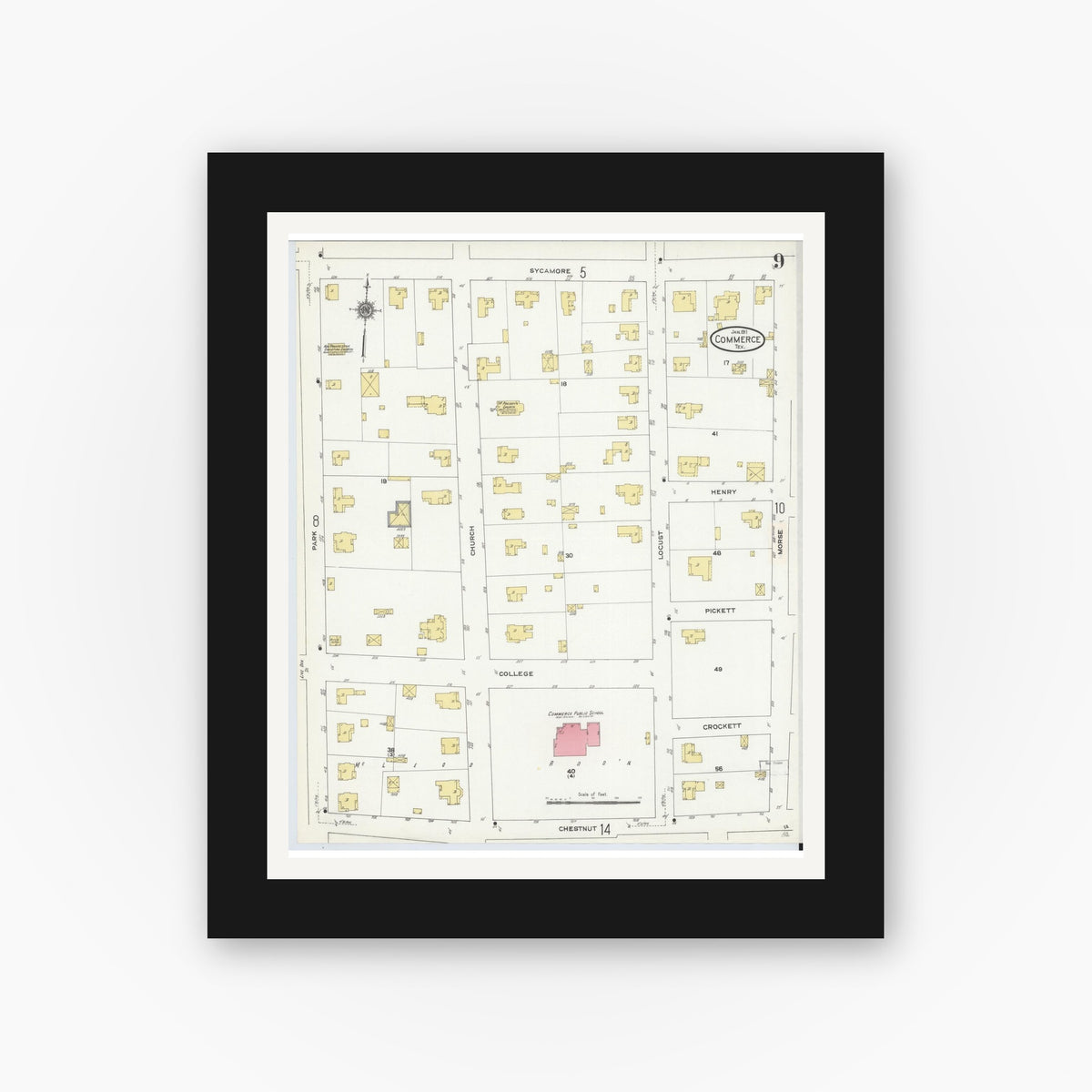 Old map wall art mockup — black gallery frame with white mat — Sanborn Fire Insurance Map from Commerce, Hunt County, Texas (1911), Sheet #0009