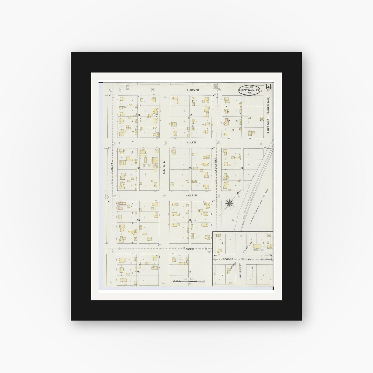 Old map wall art mockup — black gallery frame with white mat — Sanborn Fire Insurance Map from Chippewa Falls, Chippewa County, Wisconsin (1895), Sheet #0014