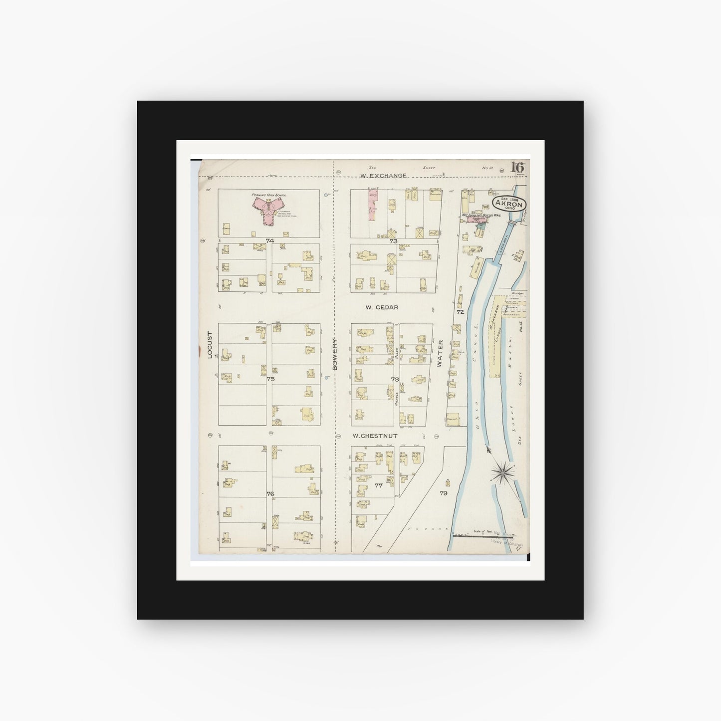 Old map wall art mockup — black gallery frame with white mat — Sanborn Fire Insurance Map from Akron, Summit County, Ohio (1886), Sheet #0016