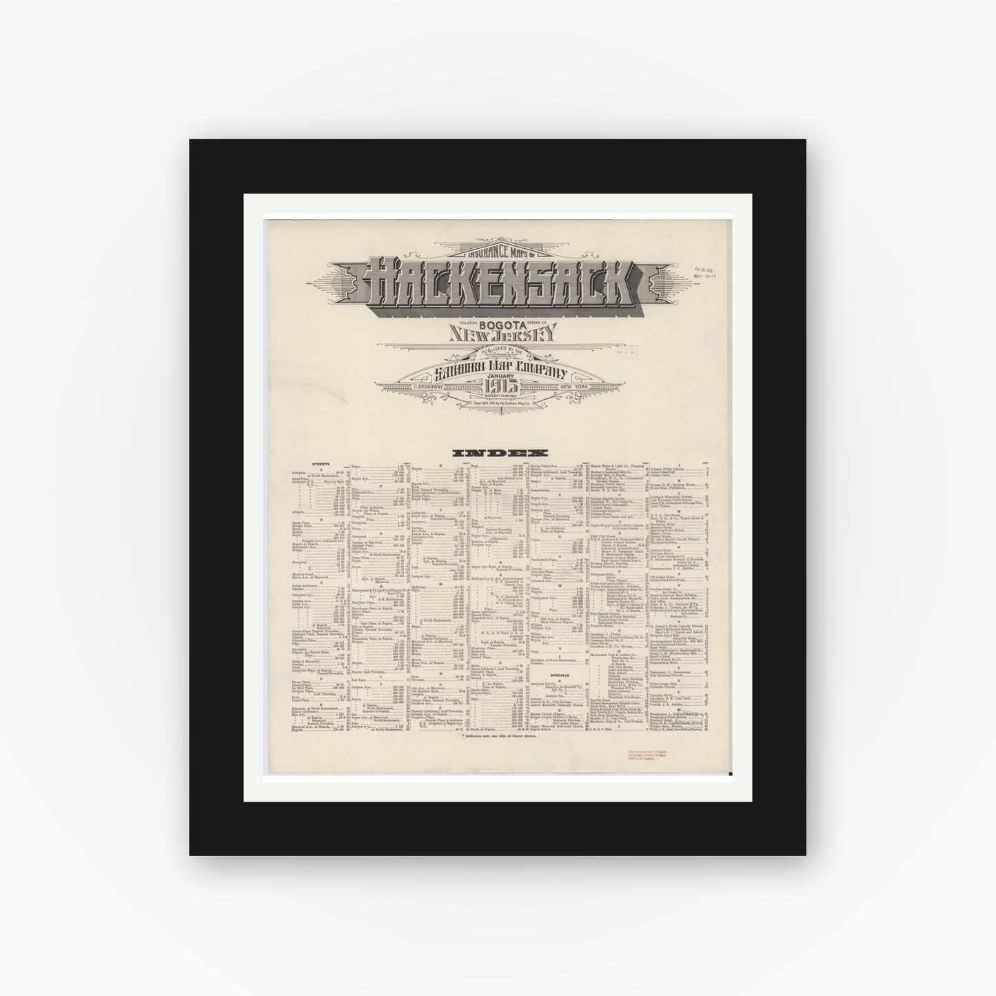 Old map wall art mockup — black gallery frame with white mat — Sanborn Fire Insurance Map from Hackensack, Bergen County, New Jersey (1915), Sheet #0001