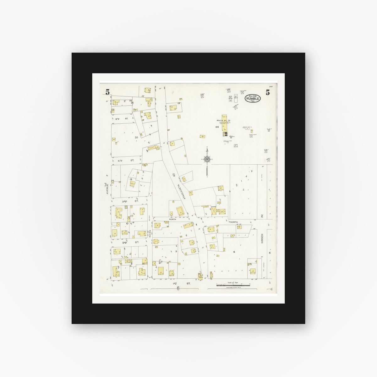 Old map wall art mockup — black gallery frame with white mat — Sanborn Fire Insurance Map from Humble, Harris County, Texas (1926), Sheet #0005