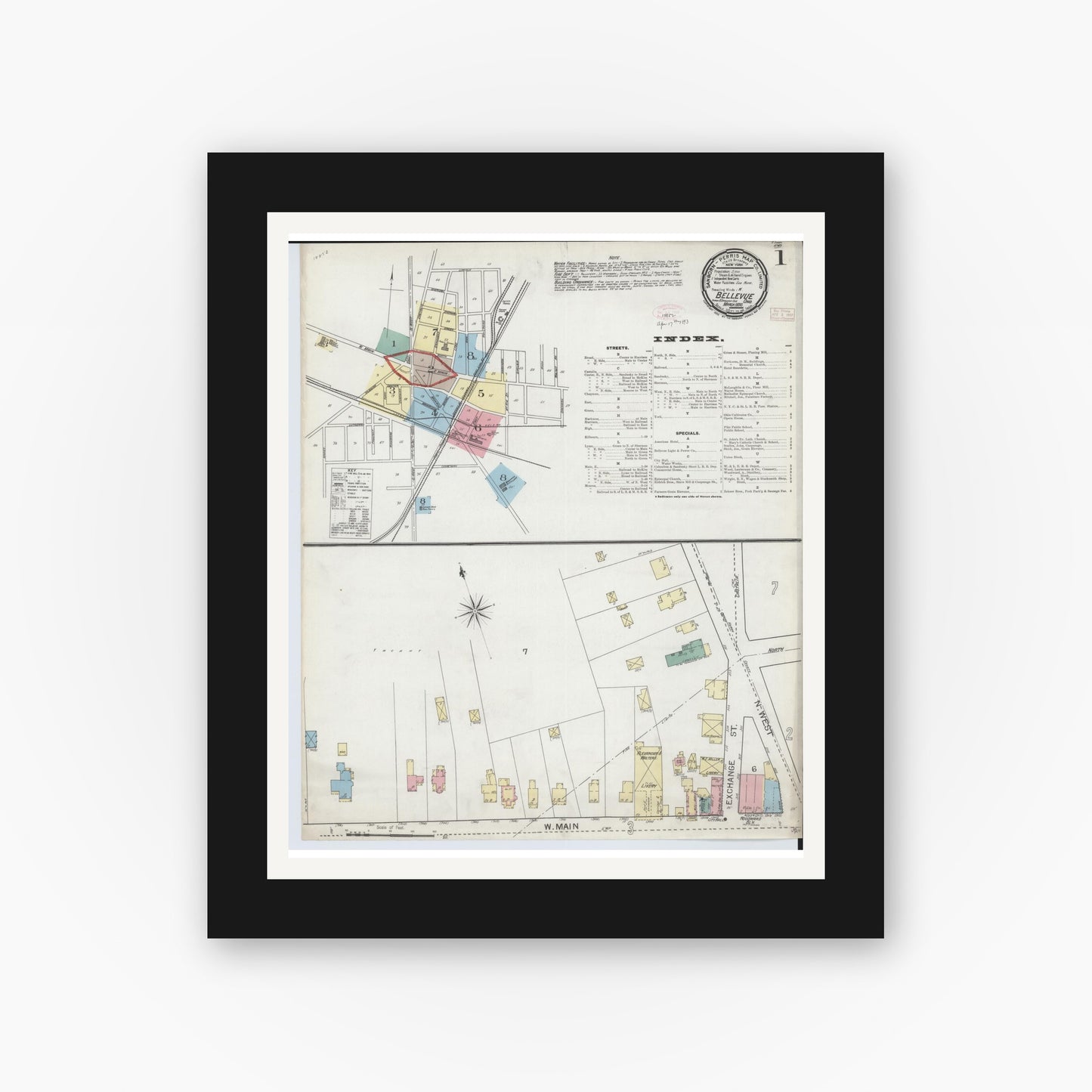 Old map wall art mockup — black gallery frame with white mat — Sanborn Fire Insurance Map from Bellevue, Huron And Sandusky County, Ohio (1893) - Complete Map Set