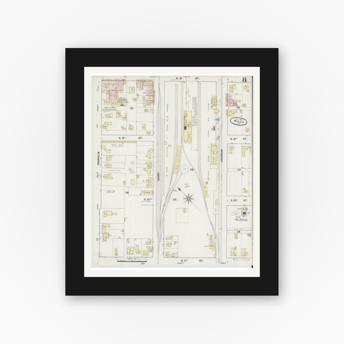 Old map wall art mockup — black gallery frame with white mat — Sanborn Fire Insurance Map from Waco, McLennan County, Texas (1889), Sheet #0008