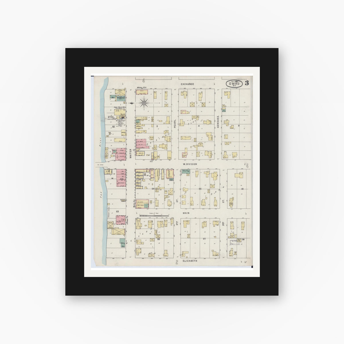 Old map wall art mockup — black gallery frame with white mat — Sanborn Fire Insurance Map from Omro, Winnebago County, Wisconsin (1895), Sheet #0003