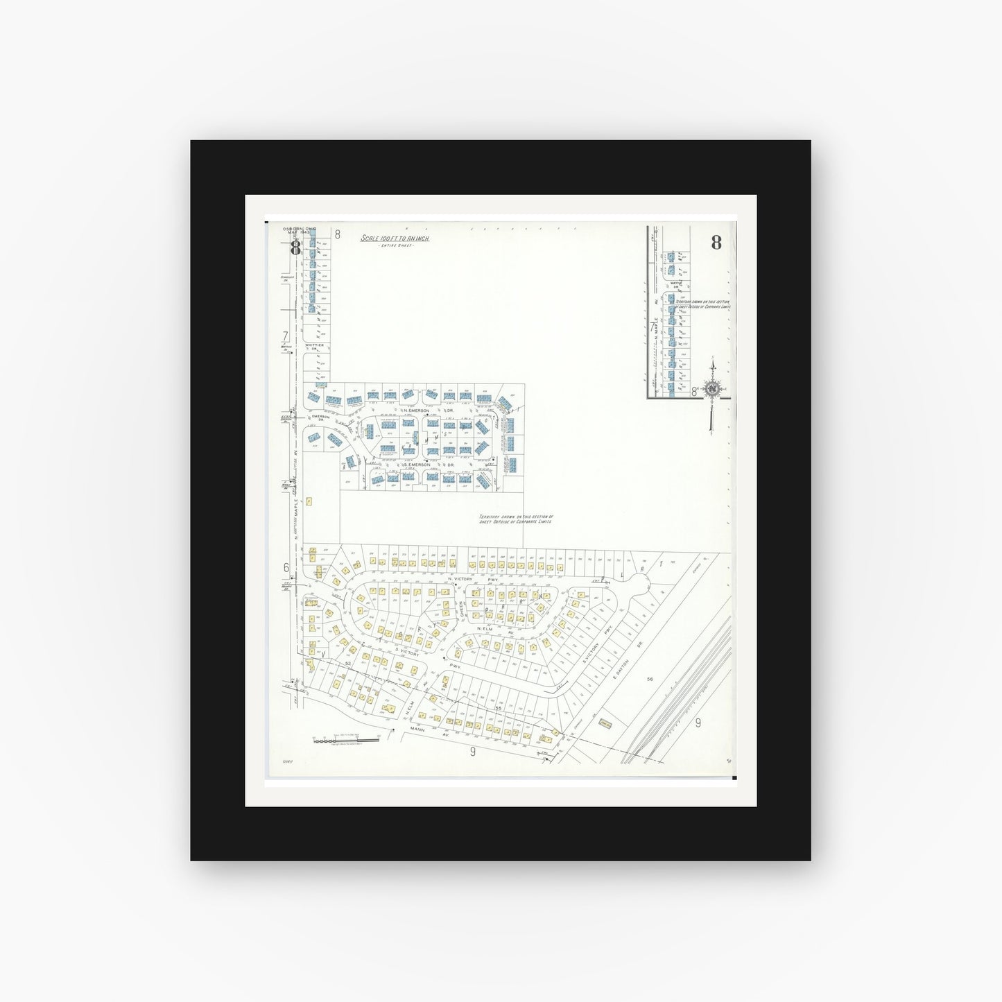 Old map wall art mockup — black gallery frame with white mat — Sanborn Fire Insurance Map from Osborn, Greene County, Ohio (1943), Sheet #0008