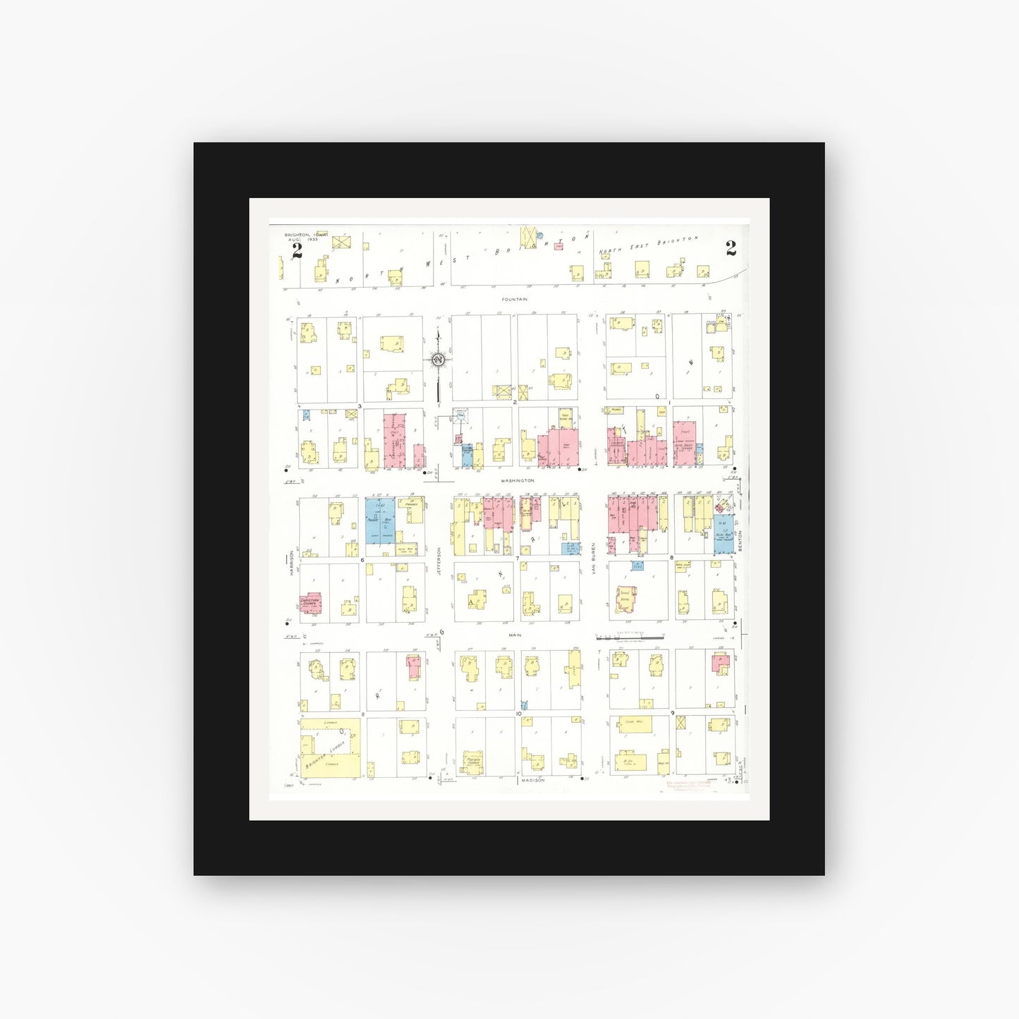 Old map wall art mockup — black gallery frame with white mat — Sanborn Fire Insurance Map from Brighton, Washington County, Iowa (1933), Sheet #0002