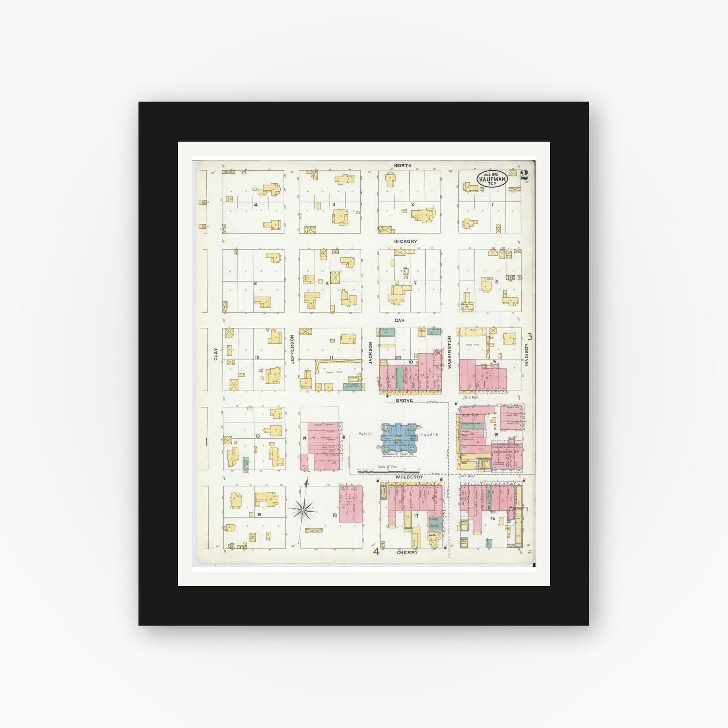 Old map wall art mockup — black gallery frame with white mat — Sanborn Fire Insurance Map from Kaufman, Kaufman County, Texas (1905), Sheet #0002