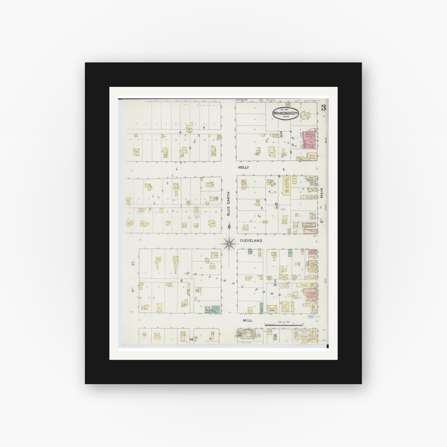 Old map wall art mockup — black gallery frame with white mat — Sanborn Fire Insurance Map from Winnebago, Faribault County, Minnesota (1891), Sheet #0003