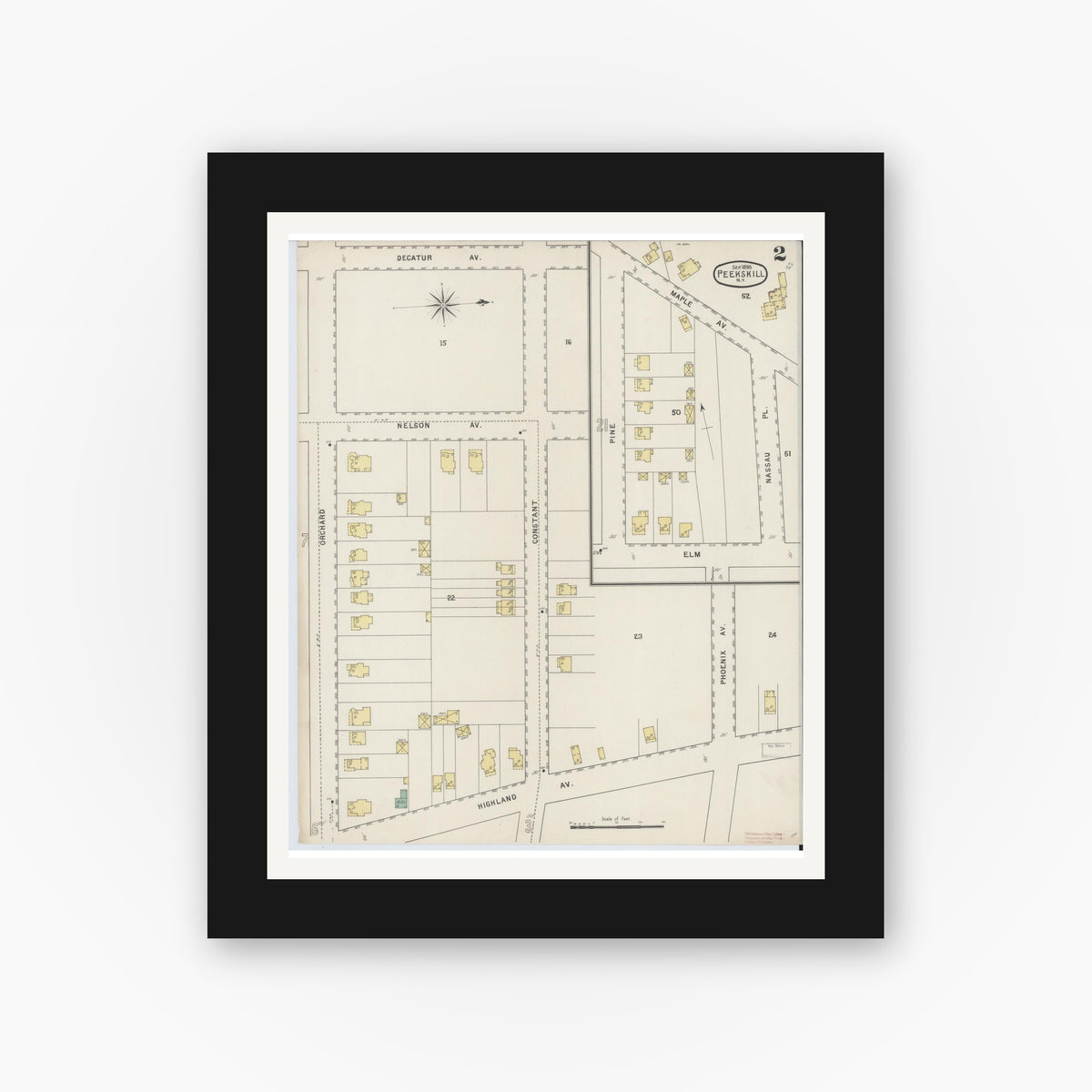 Old map wall art mockup — black gallery frame with white mat — Sanborn Fire Insurance Map from Peekskill, Westchester County, New York (1895), Sheet #0002