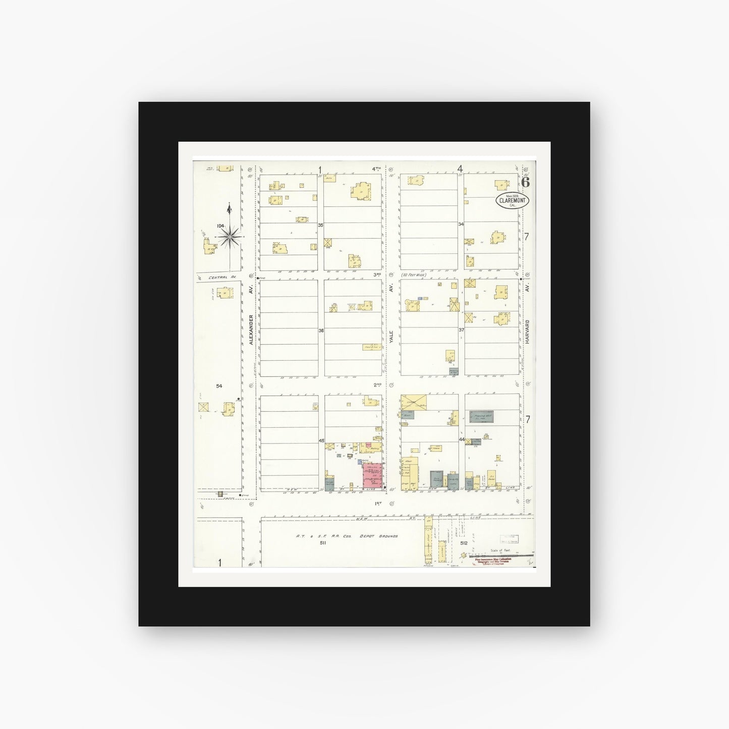 Old map wall art mockup — black gallery frame with white mat — Sanborn Fire Insurance Map from Claremont, Los Angeles County, California (1909), Sheet #0006