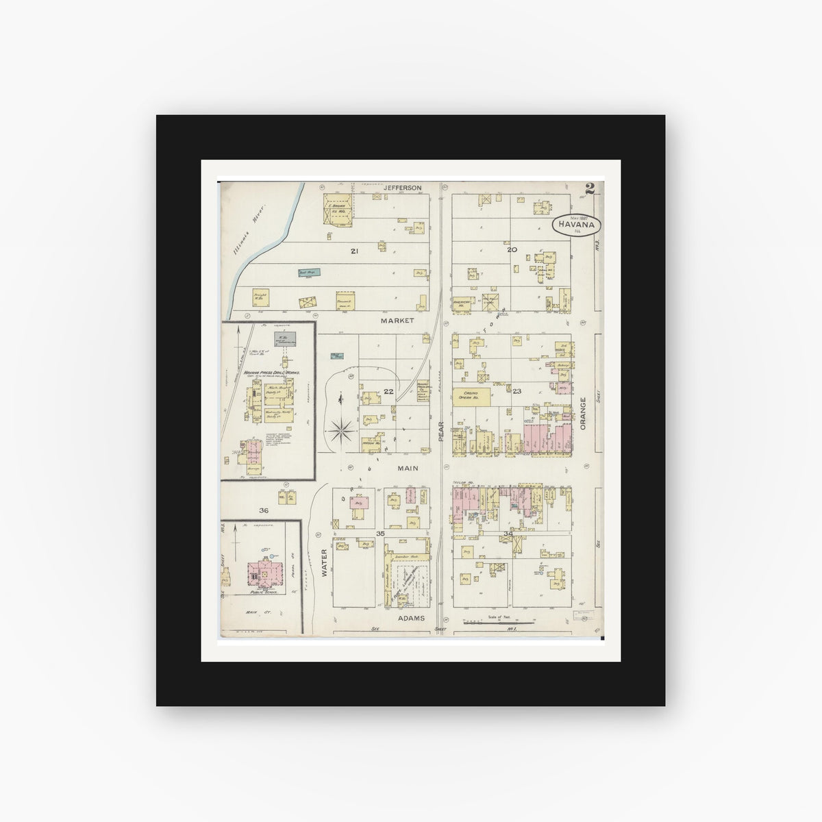 Old map wall art mockup — black gallery frame with white mat — Sanborn Fire Insurance Map from Havana, Mason County, Illinois (1887), Sheet #0002