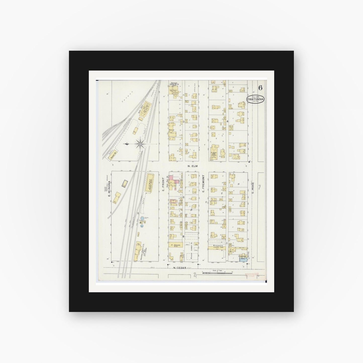 Old map wall art mockup — black gallery frame with white mat — Sanborn Fire Insurance Map from Owatonna, Steele County, Minnesota (1894), Sheet #0006