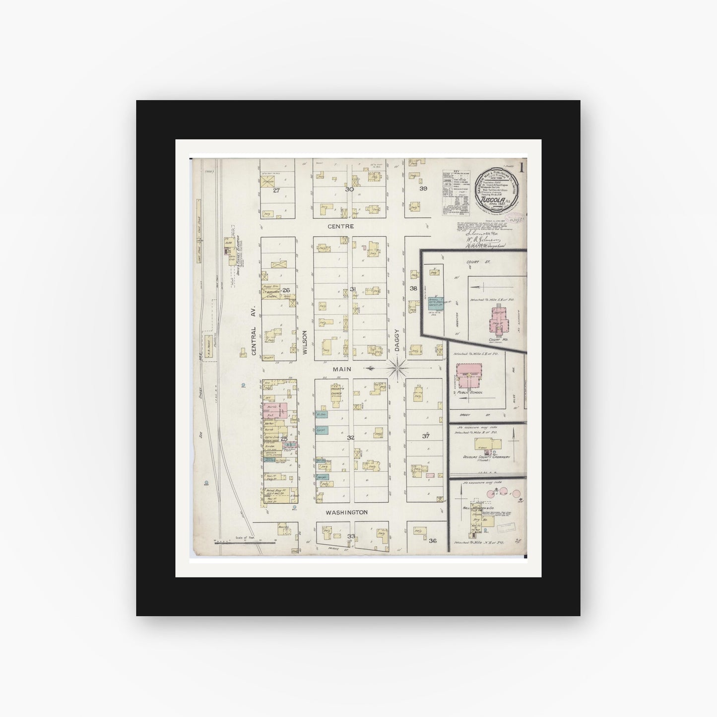 Old map wall art mockup — black gallery frame with white mat — Sanborn Fire Insurance Map from Tuscola, Douglas County, Illinois (1887) - Complete Map Set