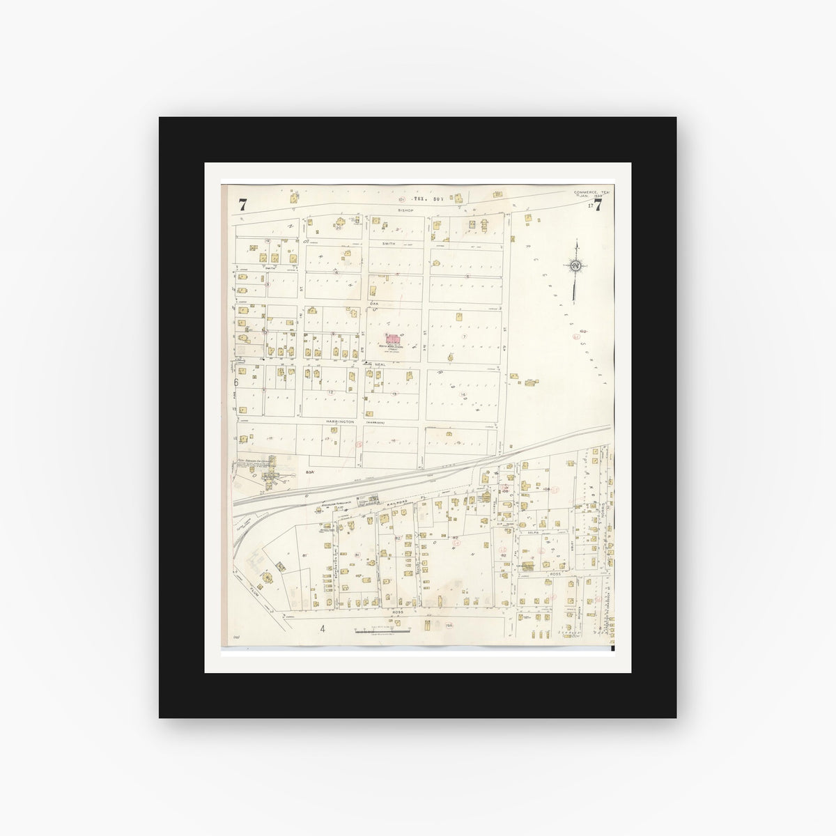 Old map wall art mockup — black gallery frame with white mat — Sanborn Fire Insurance Map from Commerce, Hunt County, Texas (1940), Sheet #0007