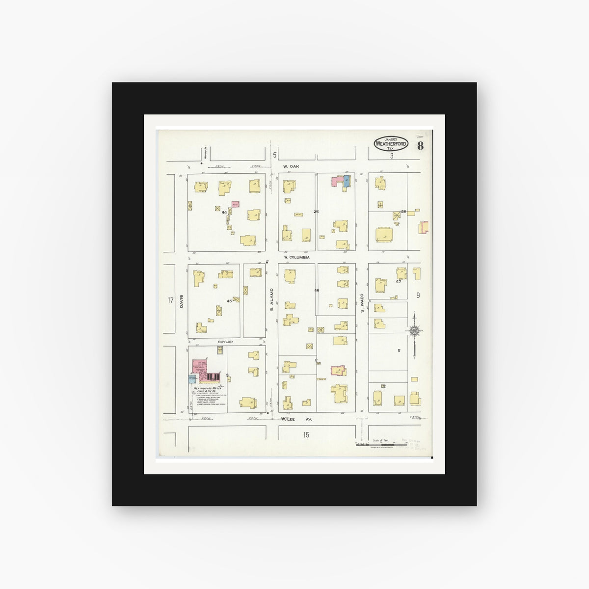 Old map wall art mockup — black gallery frame with white mat — Sanborn Fire Insurance Map from Weatherford, Parker County, Texas (1921), Sheet #0008