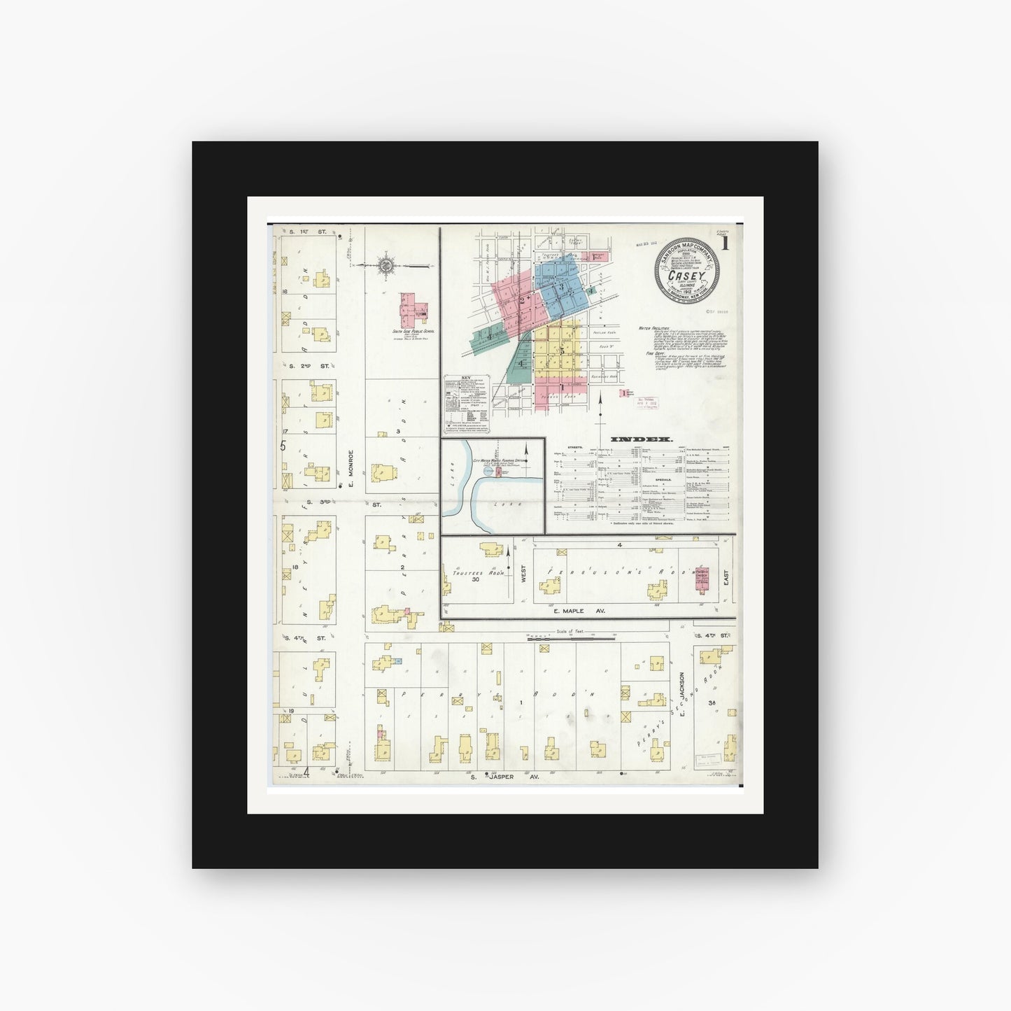Old map wall art mockup — black gallery frame with white mat — Sanborn Fire Insurance Map from Casey, Clark County, Illinois (1912) - Complete Map Set