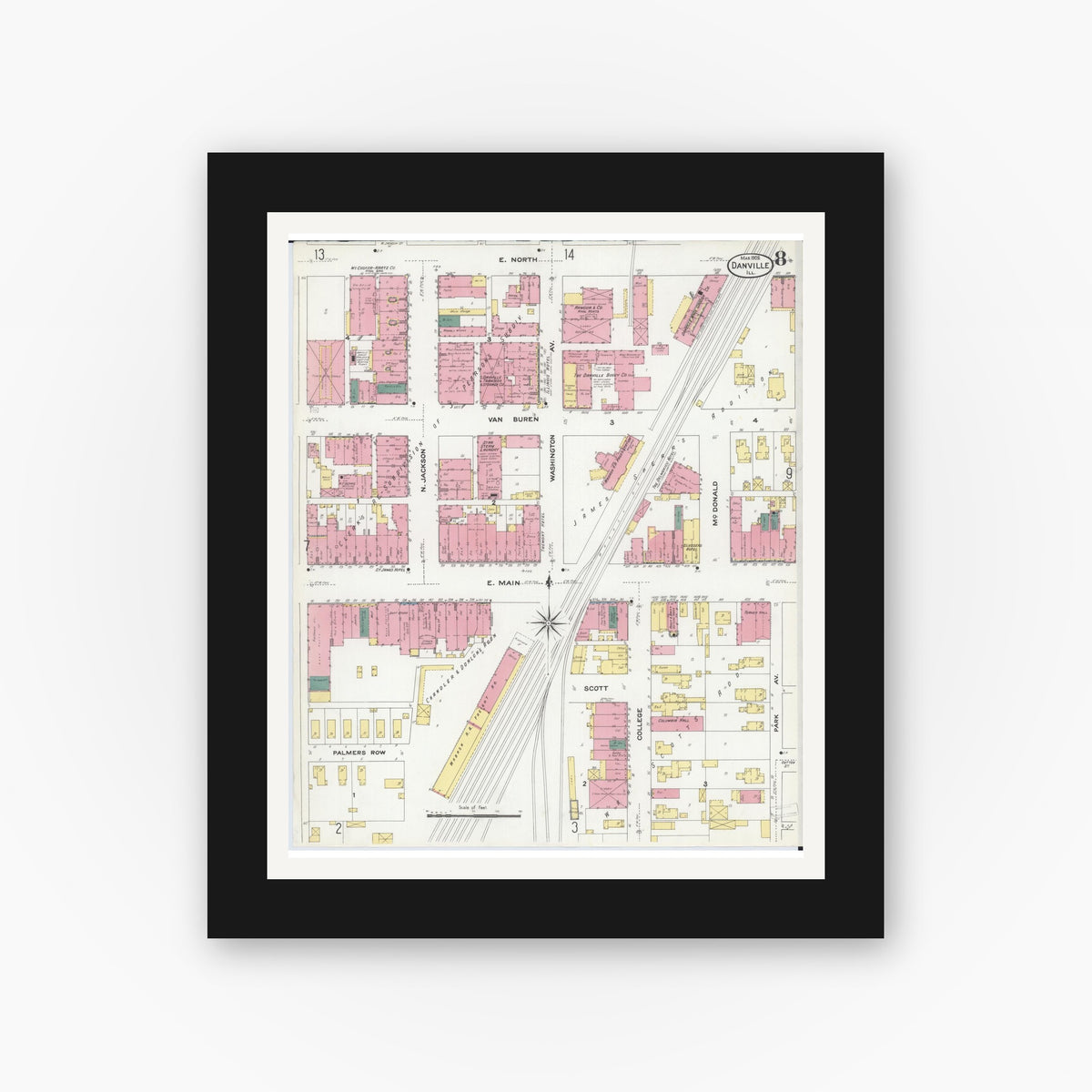 Old map wall art mockup — black gallery frame with white mat — Sanborn Fire Insurance Map from Danville, Vermilion County, Illinois (1909), Sheet #0008
