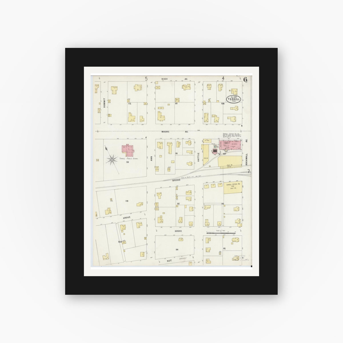 Old map wall art mockup — black gallery frame with white mat — Sanborn Fire Insurance Map from Terrell, Kaufman County, Texas (1897), Sheet #0006