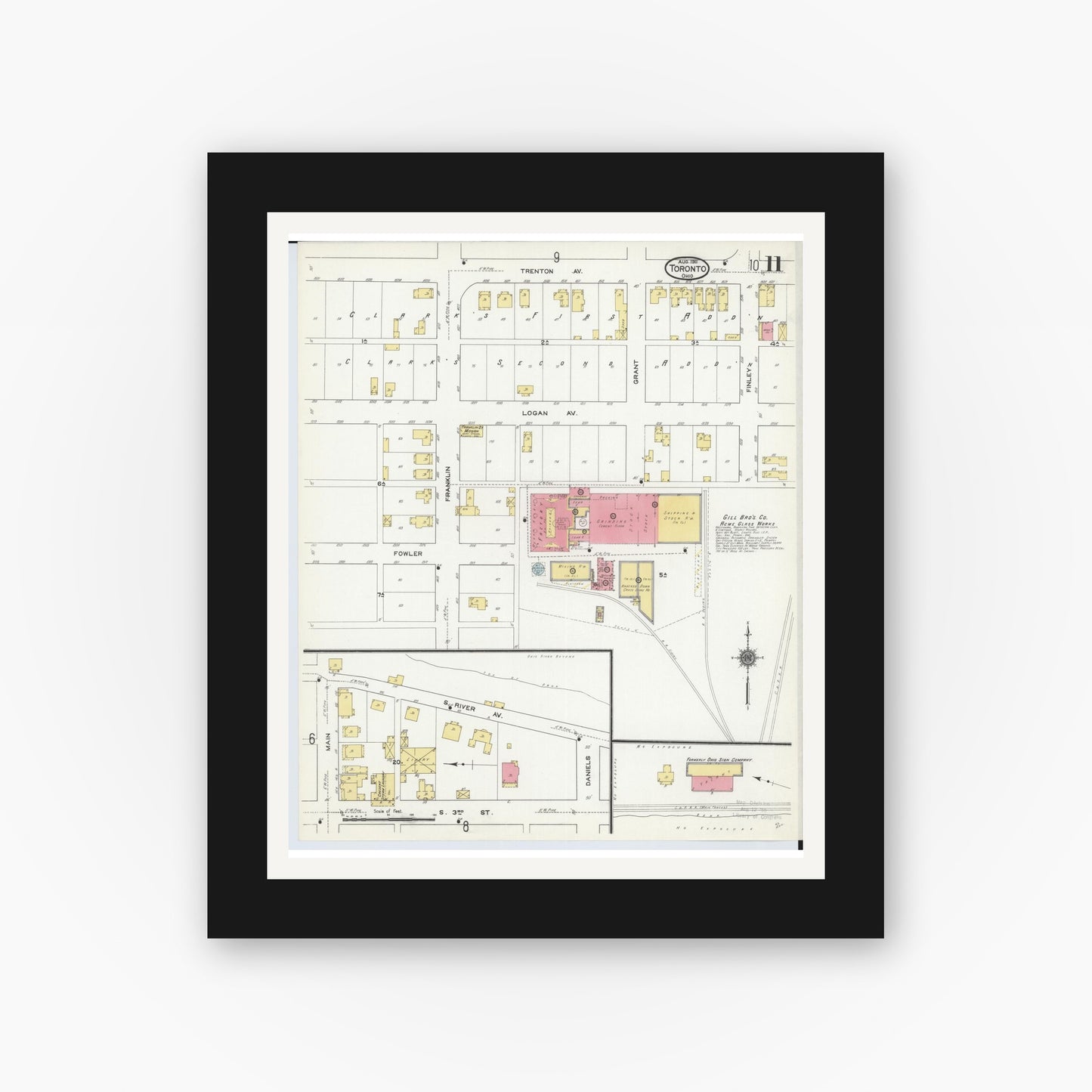 Old map wall art mockup — black gallery frame with white mat — Sanborn Fire Insurance Map from Toronto, Jefferson County, Ohio (1911), Sheet #0011