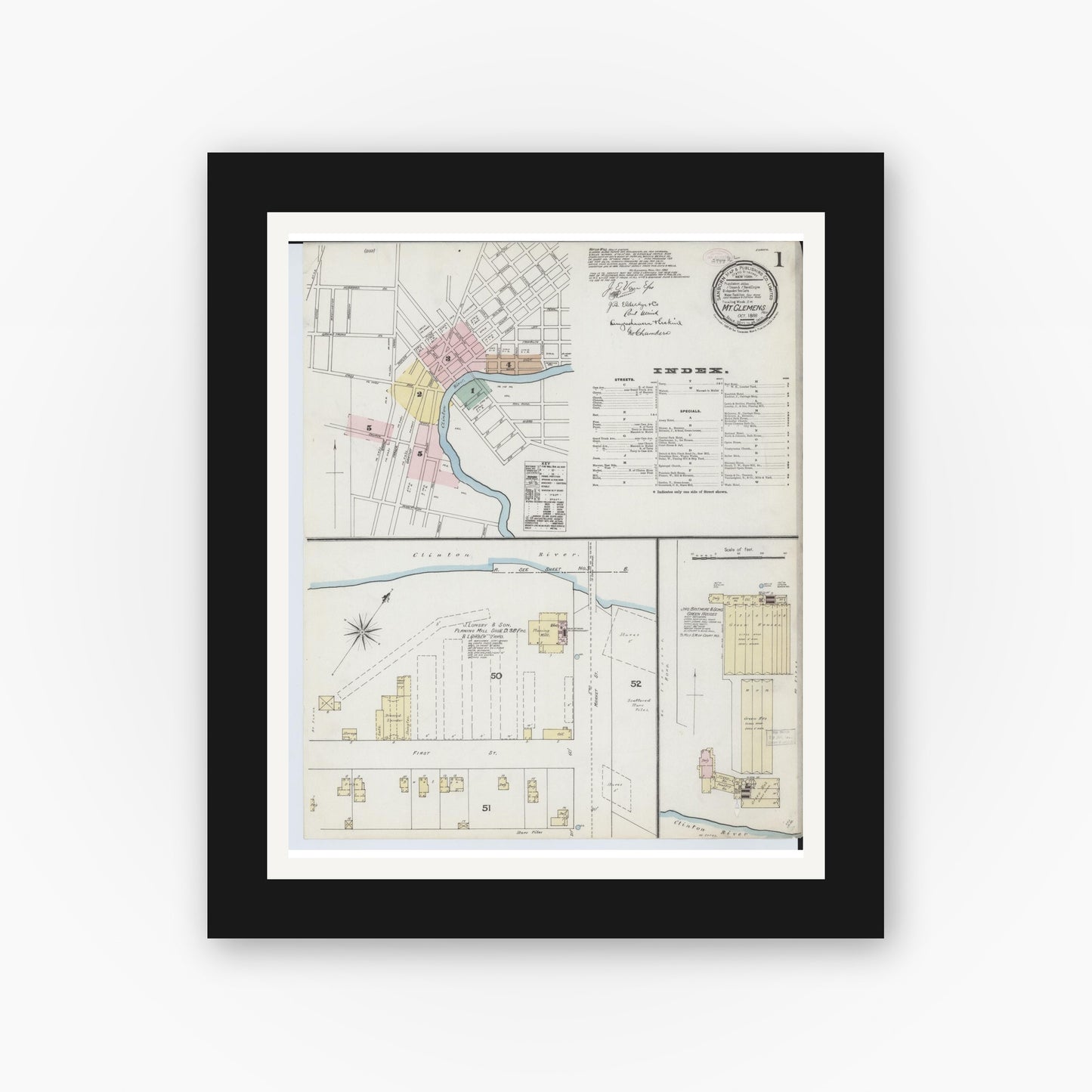Old map wall art mockup — black gallery frame with white mat — Sanborn Fire Insurance Map from Mount Clemens, Macomb County, Michigan (1888) - Complete Map Set