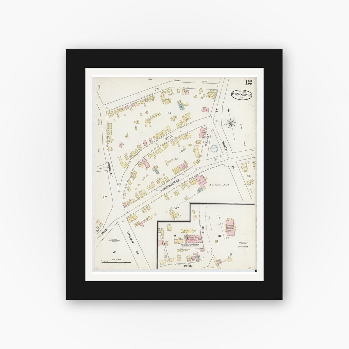 Old map wall art mockup — black gallery frame with white mat — Sanborn Fire Insurance Map from Poughkeepsie, Dutchess County, New York (1887), Sheet #0012