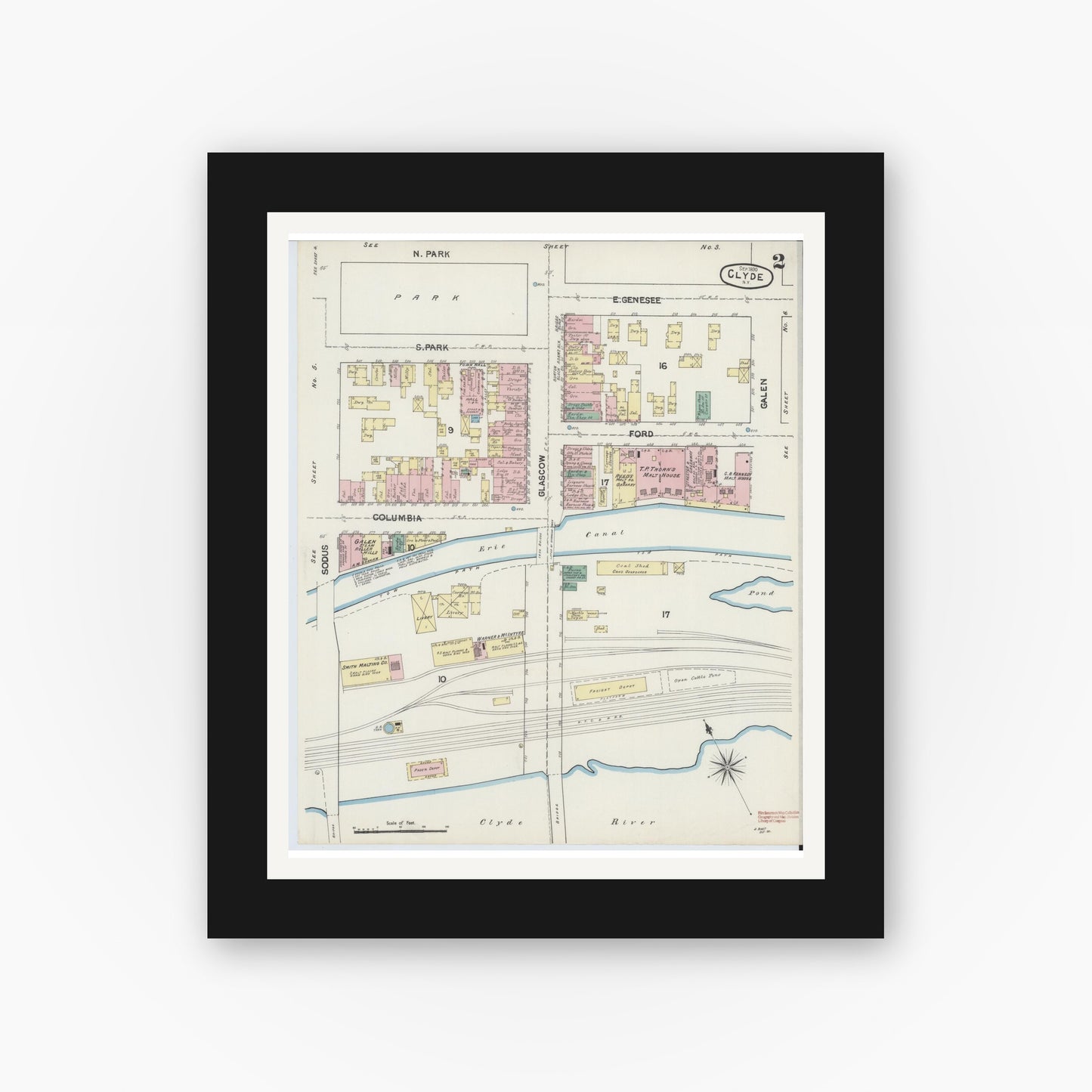Old map wall art mockup — black gallery frame with white mat — Sanborn Fire Insurance Map from Clyde, Wayne County, New York (1890), Sheet #0002