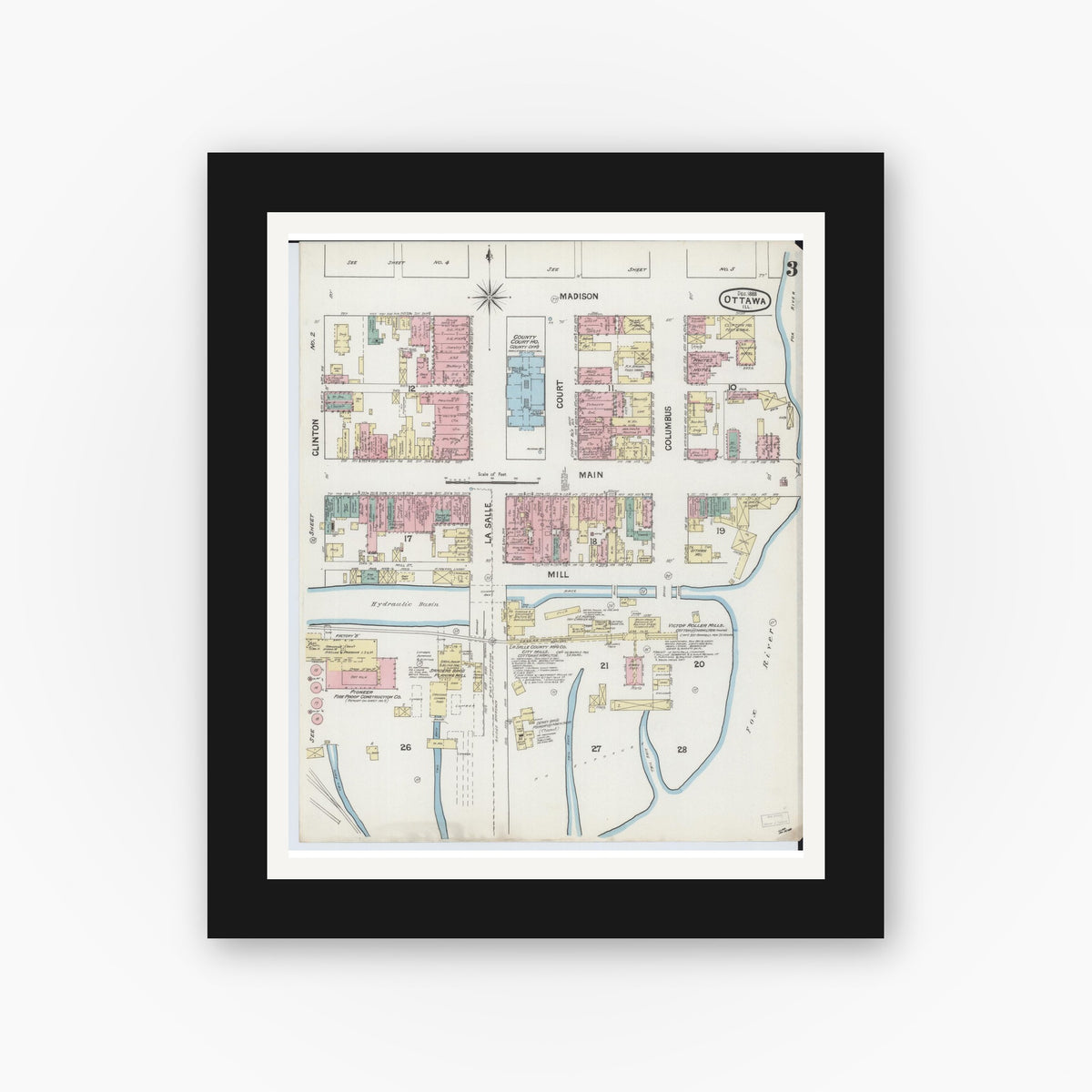 Old map wall art mockup — black gallery frame with white mat — Sanborn Fire Insurance Map from Ottawa, La Salle County, Illinois (1888), Sheet #0003