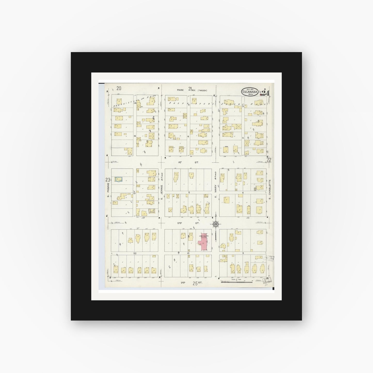 Old map wall art mockup — black gallery frame with white mat — Sanborn Fire Insurance Map from Escanaba, Delta County, Michigan (1913), Sheet #0024