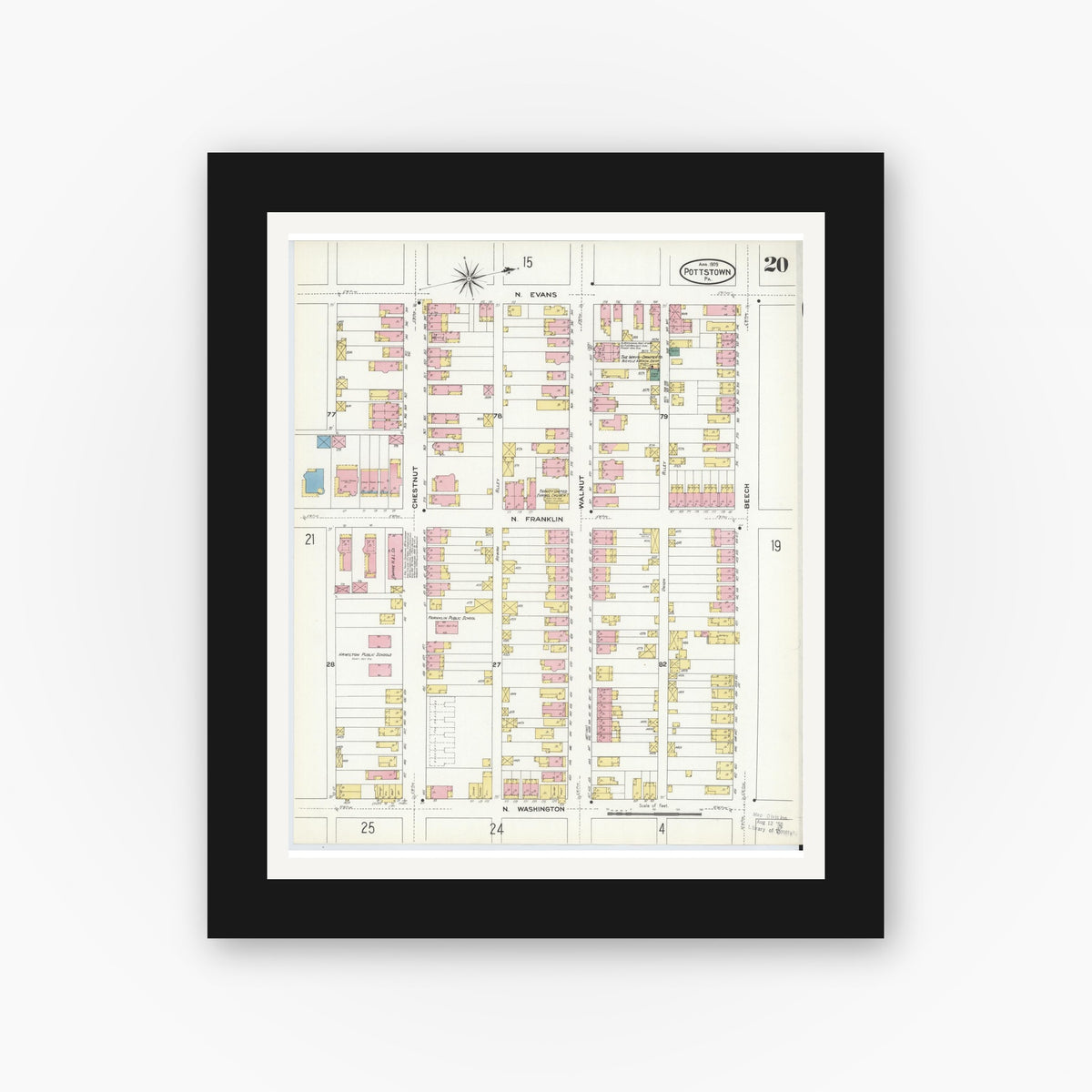 Old map wall art mockup — black gallery frame with white mat — Sanborn Fire Insurance Map from Pottstown, Montgomery County, Pennsylvania (1909), Sheet #0020