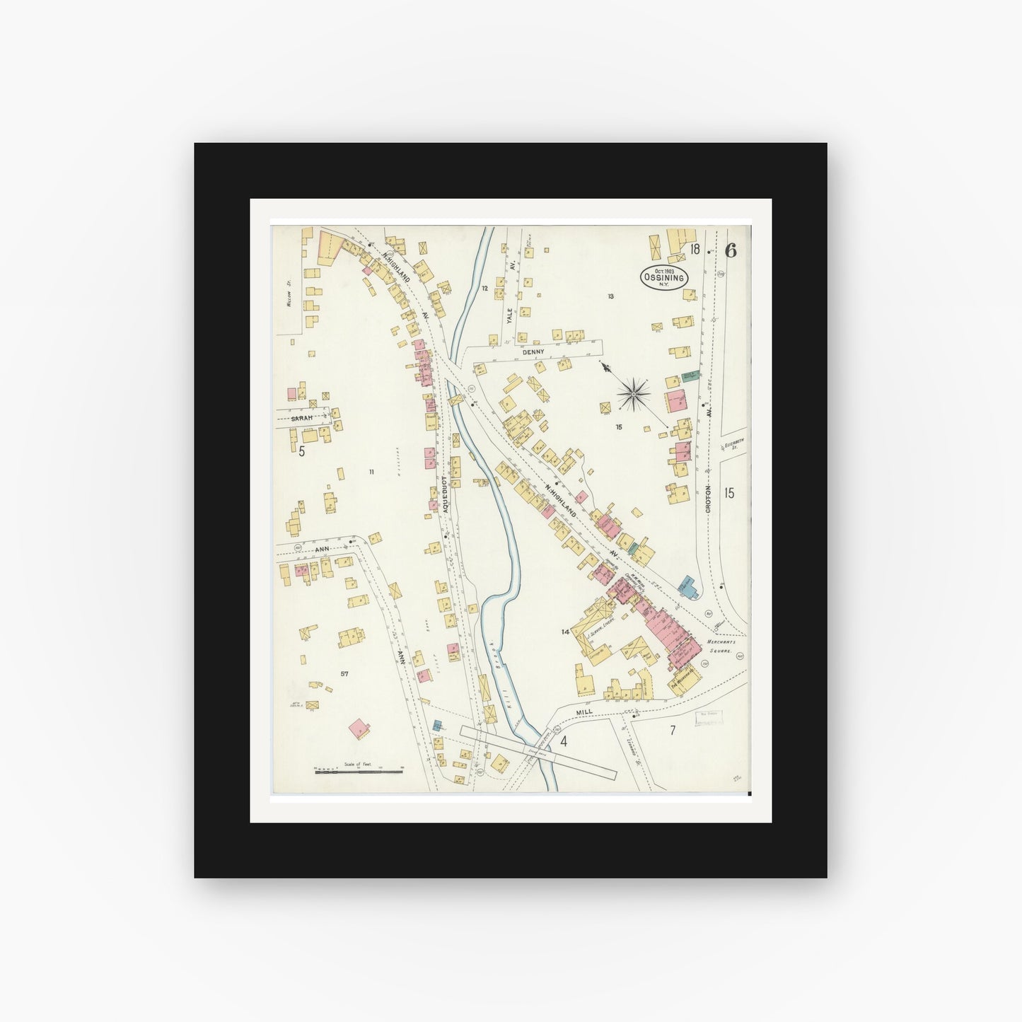 Old map wall art mockup — black gallery frame with white mat — Sanborn Fire Insurance Map from Ossining, Westchester County, New York (1903), Sheet #0006