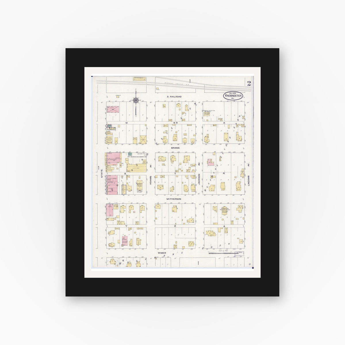 Old map wall art mockup — black gallery frame with white mat — Sanborn Fire Insurance Map from Knobnoster, Johnson County, Missouri (1909), Sheet #0002