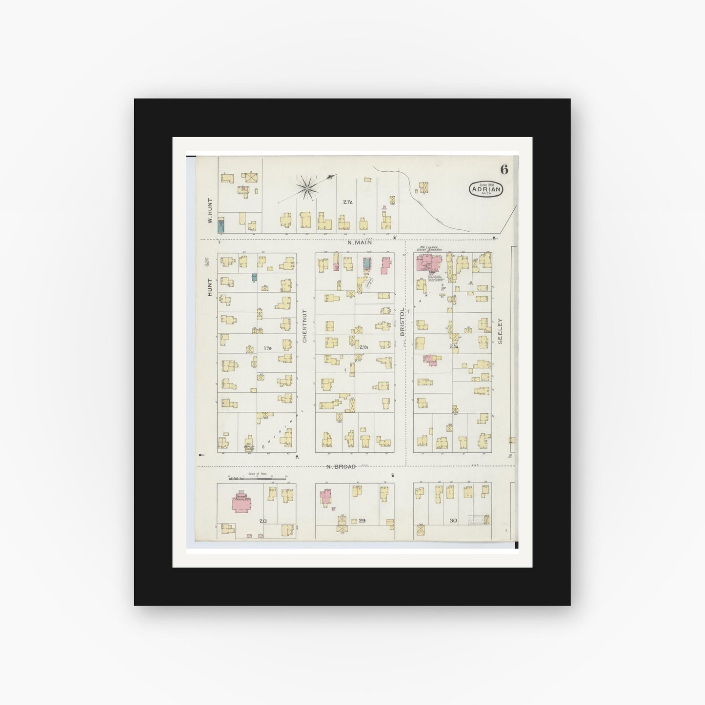 Old map wall art mockup — black gallery frame with white mat — Sanborn Fire Insurance Map from Adrian, Lenawee County, Michigan (1893), Sheet #0006