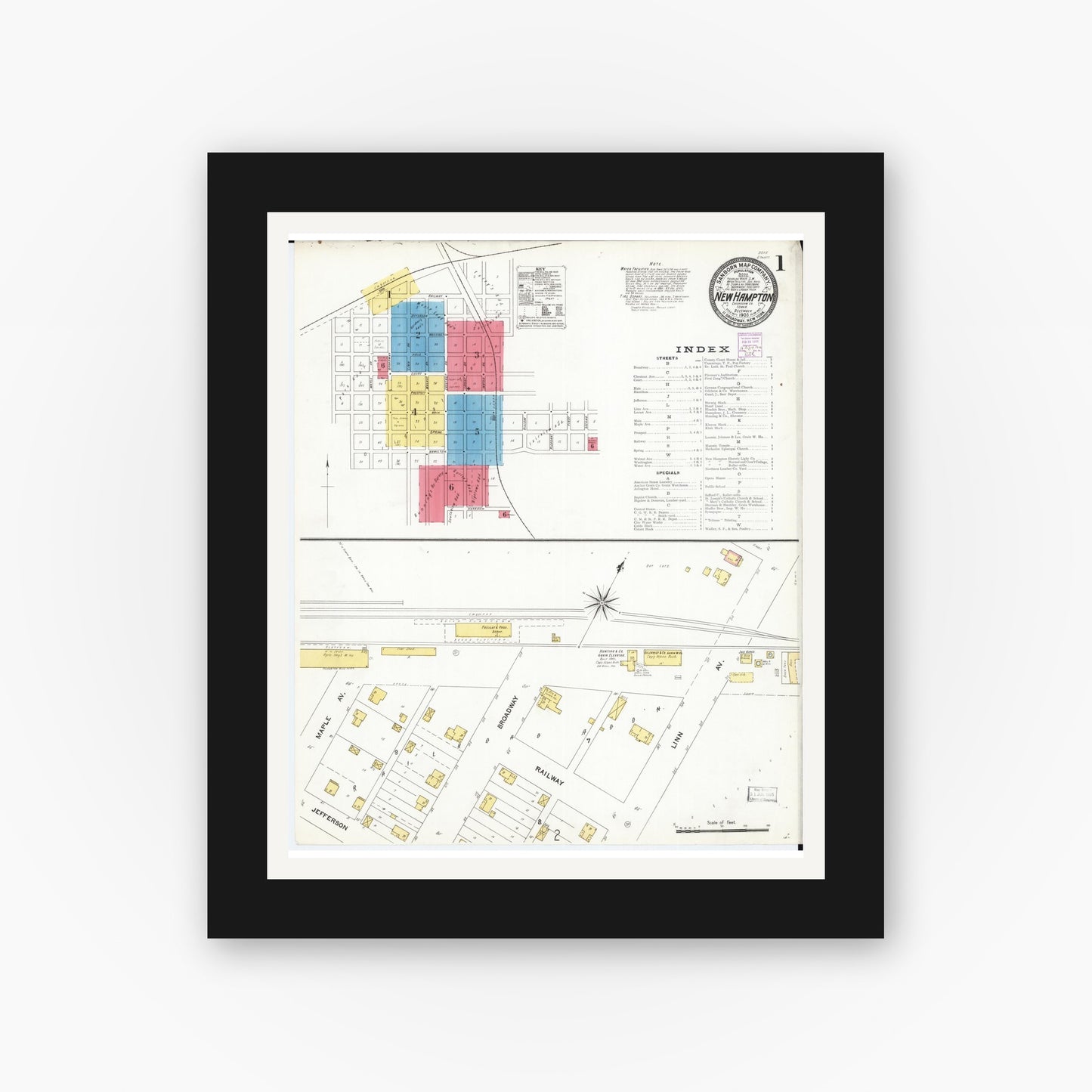 Old map wall art mockup — black gallery frame with white mat — Sanborn Fire Insurance Map from New Hampton, Chickasaw County, Iowa (1905) — Complete Set