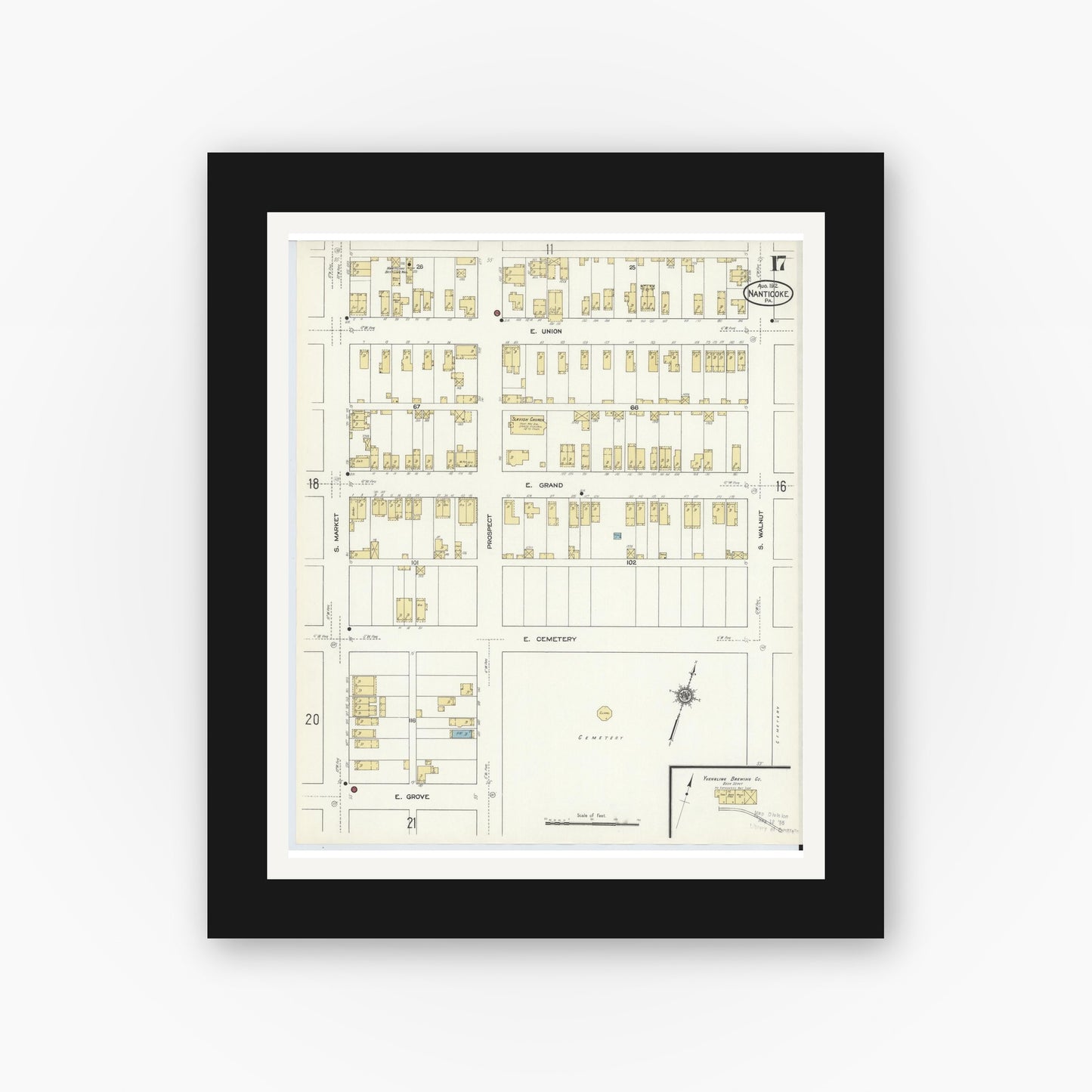Old map wall art mockup — black gallery frame with white mat — Sanborn Fire Insurance Map from Nanticoke, Luzerne County, Pennsylvania (1912), Sheet #0017