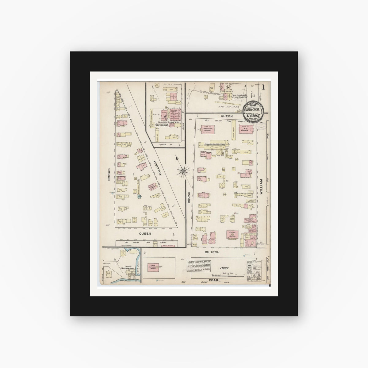 Old map wall art mockup — black gallery frame with white mat — Sanborn Fire Insurance Map from Lyons, Wayne County, New York (1884) - Complete Map Set