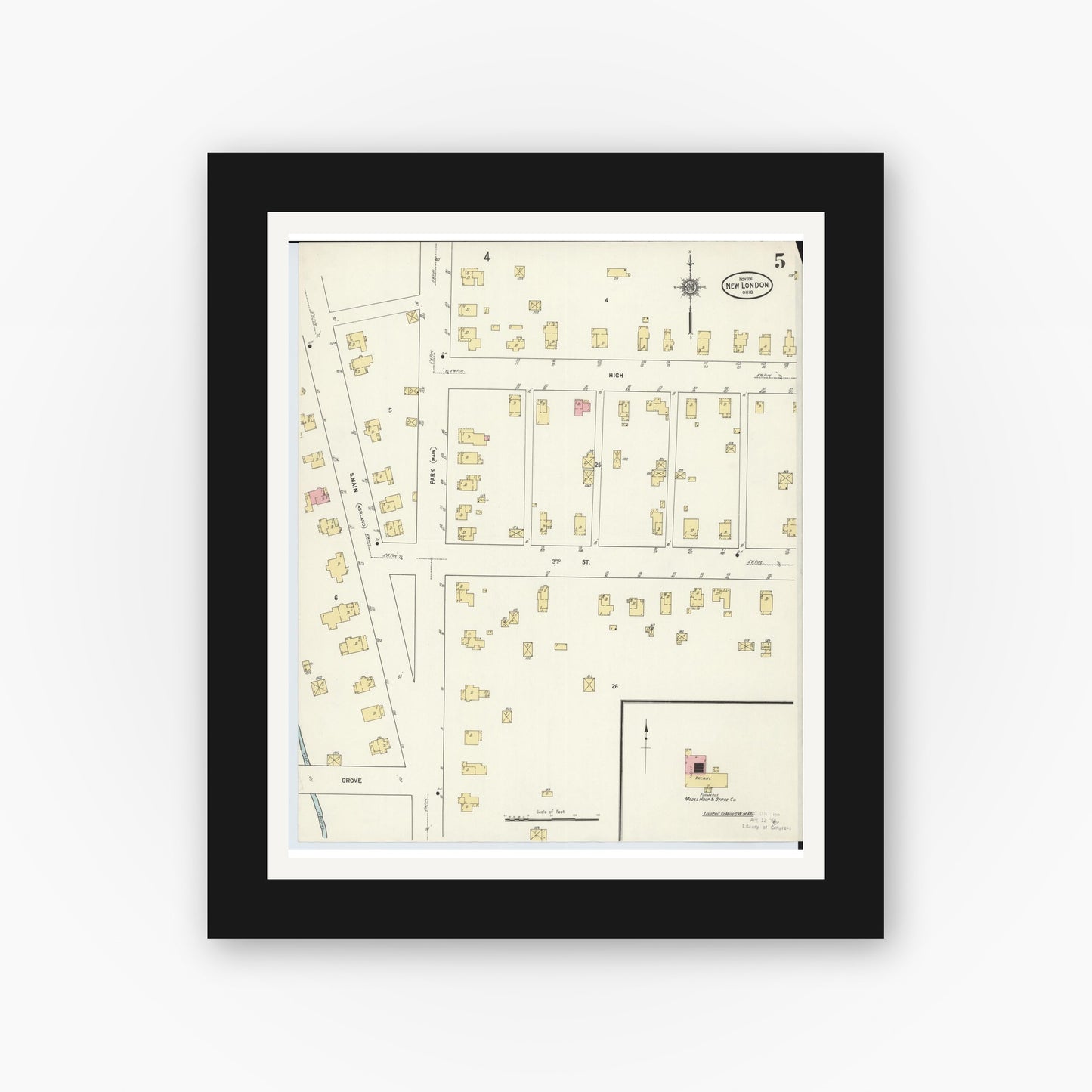 Old map wall art mockup — black gallery frame with white mat — Sanborn Fire Insurance Map from New London, Huron County, Ohio (1911), Sheet #0005