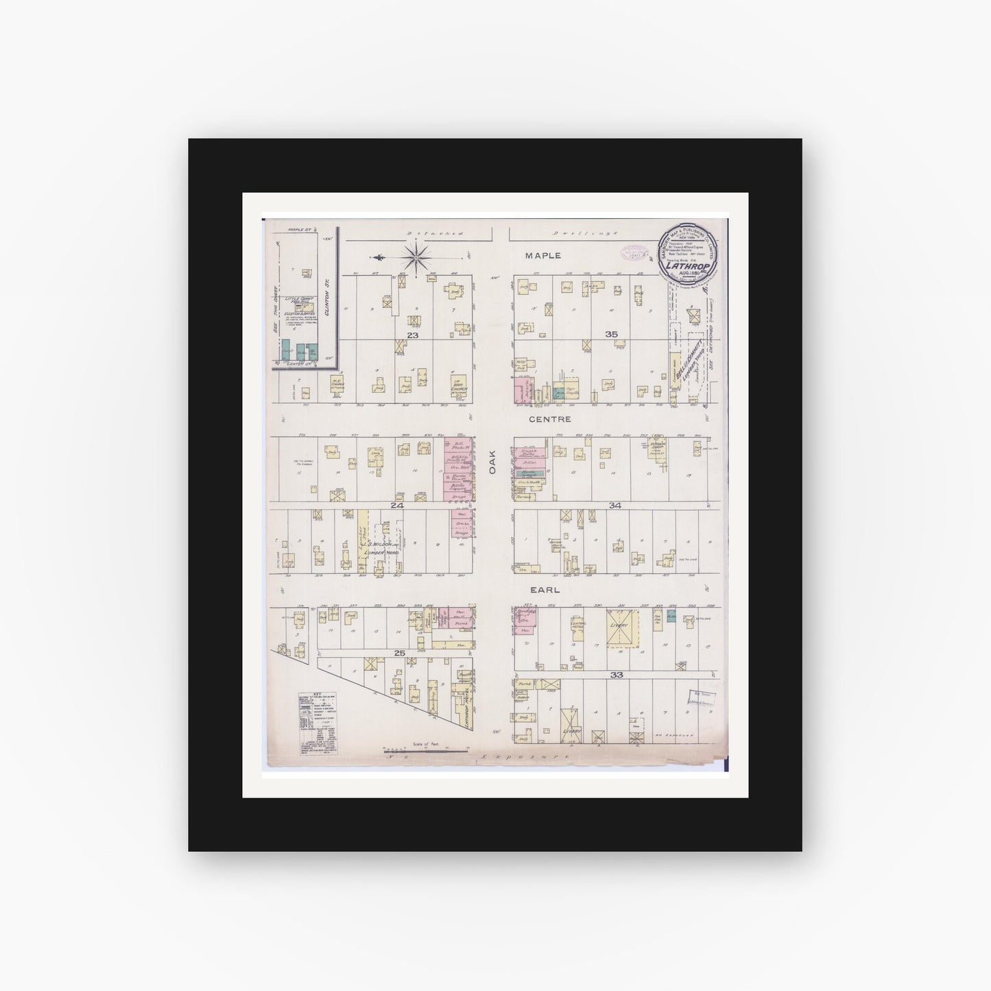 Old map wall art mockup — black gallery frame with white mat — Sanborn Fire Insurance Map from Lathrop, Clinton County, Missouri (Unknown), Sheet #0001