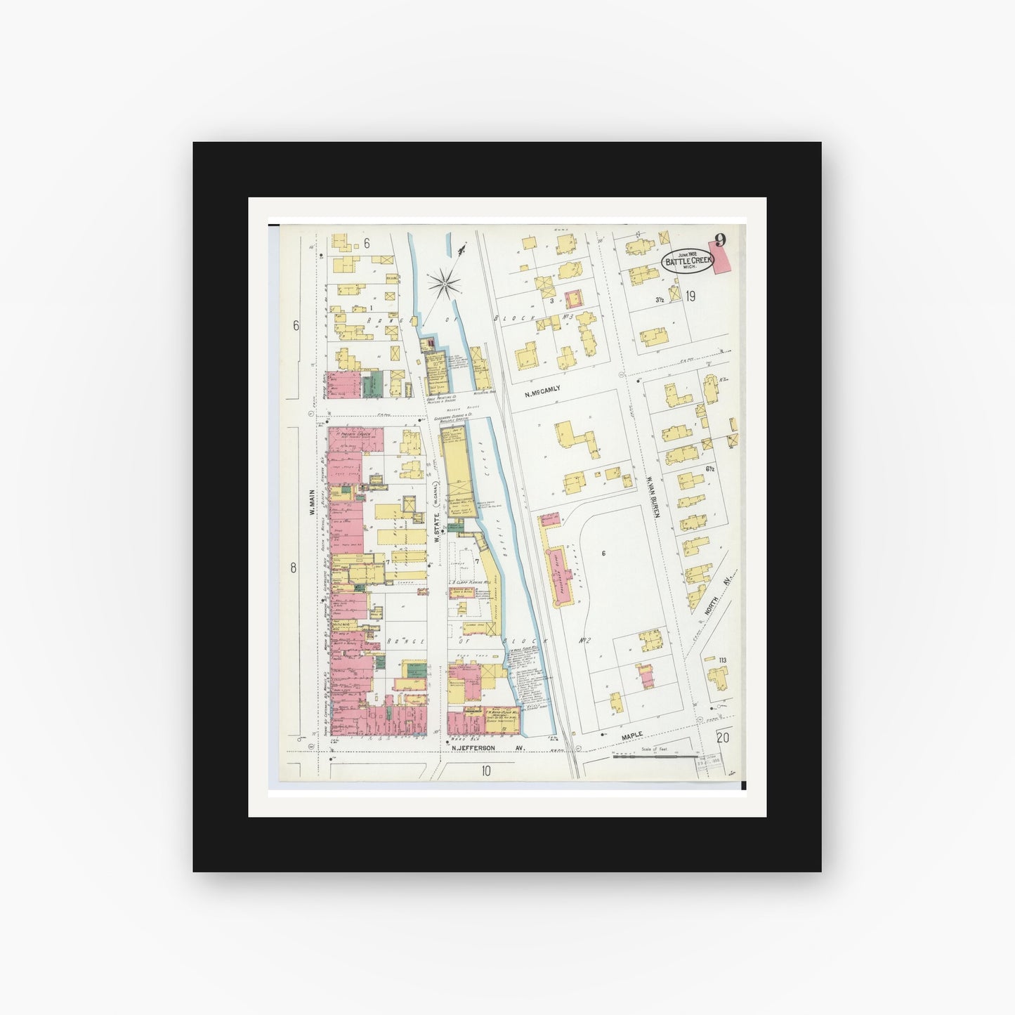 Old map wall art mockup — black gallery frame with white mat — Sanborn Fire Insurance Map from Battle Creek, Calhoun County, Michigan (1902), Sheet #0009