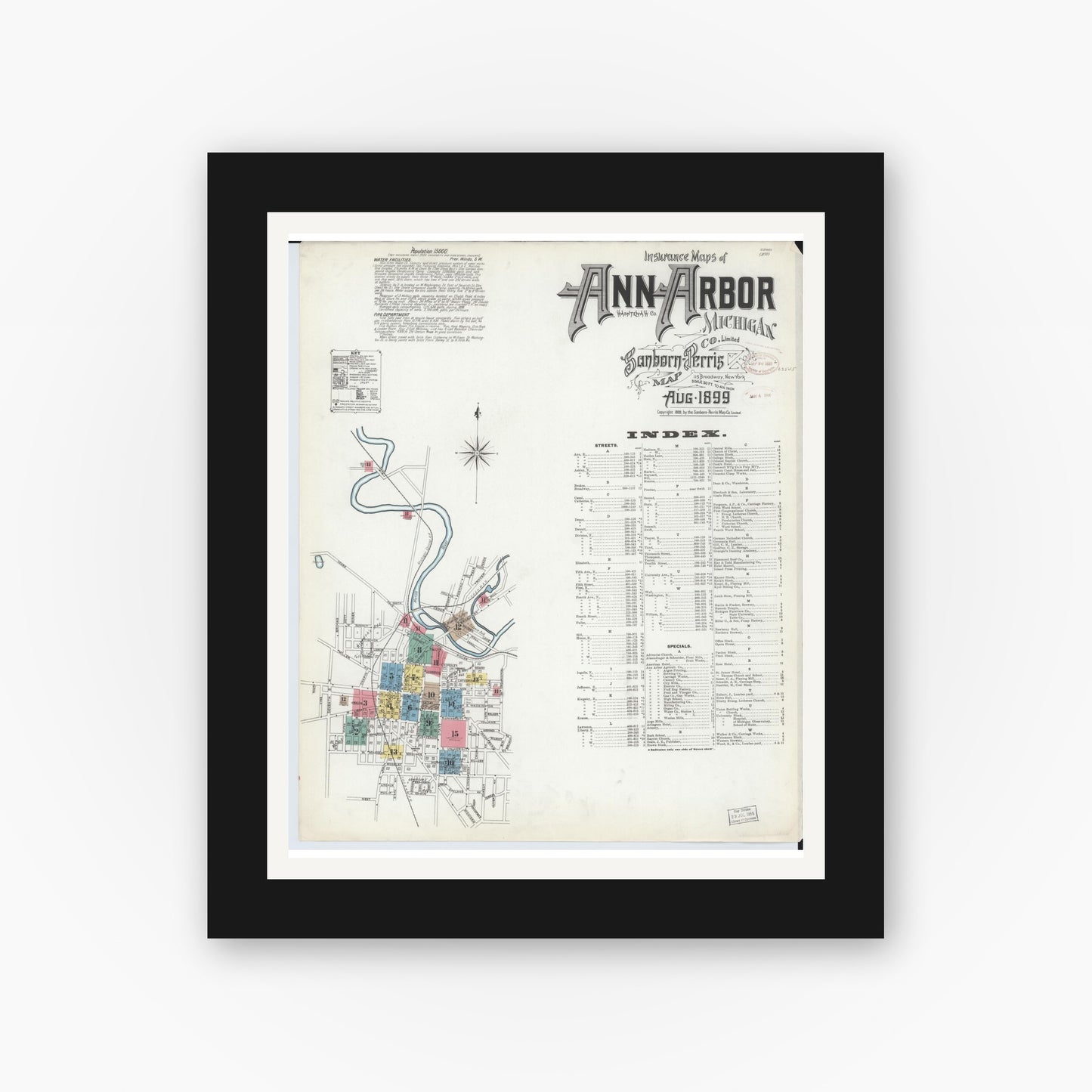 Old map wall art mockup — black gallery frame with white mat — Sanborn Fire Insurance Map from Ann Arbor, Washtenaw County, Michigan (1899), Sheet #0001