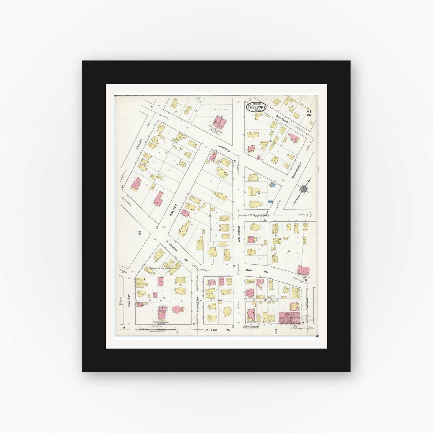 Old map wall art mockup — black gallery frame with white mat — Sanborn Fire Insurance Map from Freeport, Stephenson County, Illinois (1918), Sheet #0002