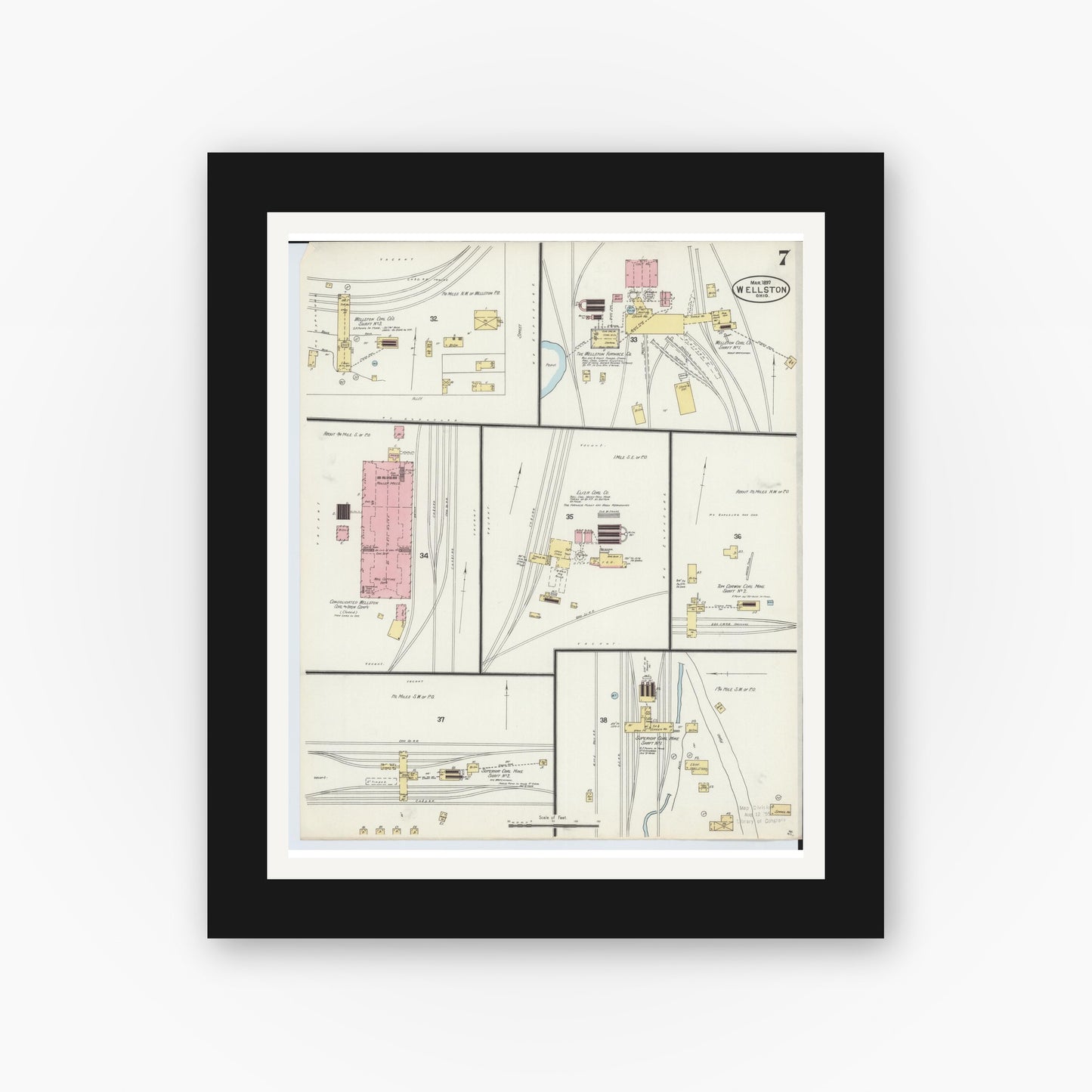 Old map wall art mockup — black gallery frame with white mat — Sanborn Fire Insurance Map from Wellston, Jackson County, Ohio (1897), Sheet #0007