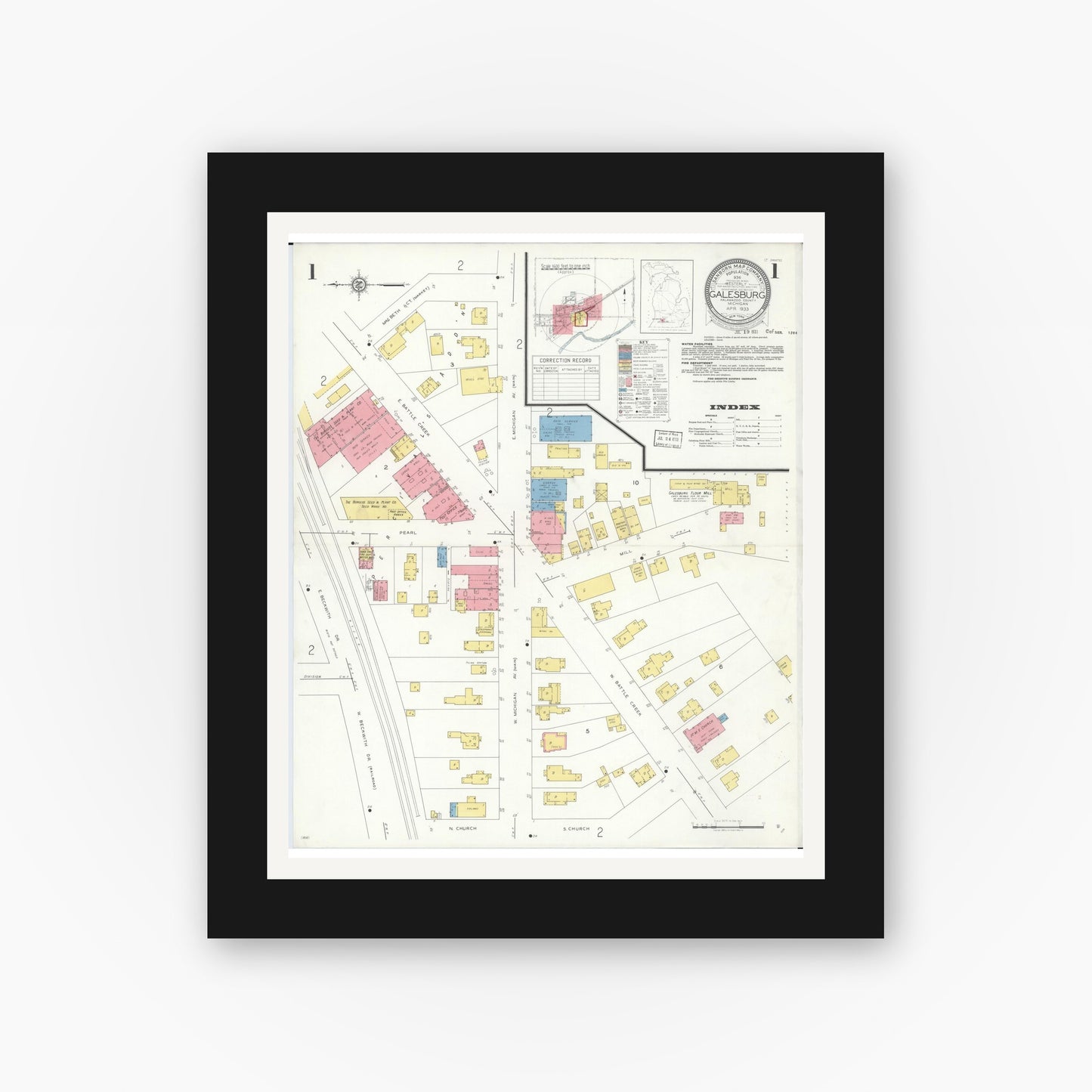 Old map wall art mockup — black gallery frame with white mat — Sanborn Fire Insurance Map from Galesburg, Kalamazoo County, Michigan (1933) - Complete Map Set
