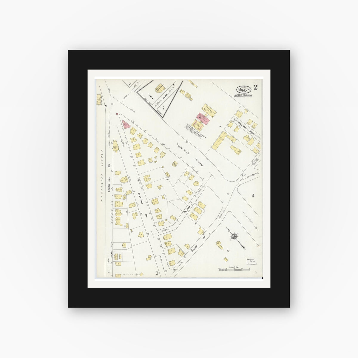 Old map wall art mockup — black gallery frame with white mat — Sanborn Fire Insurance Map from Milton, Norfolk County, Massachusetts (1911), Sheet #0002